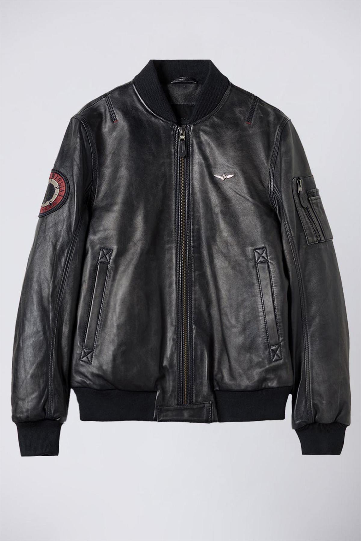 Black leather bomber jacket with sleeve patch - Image n°2