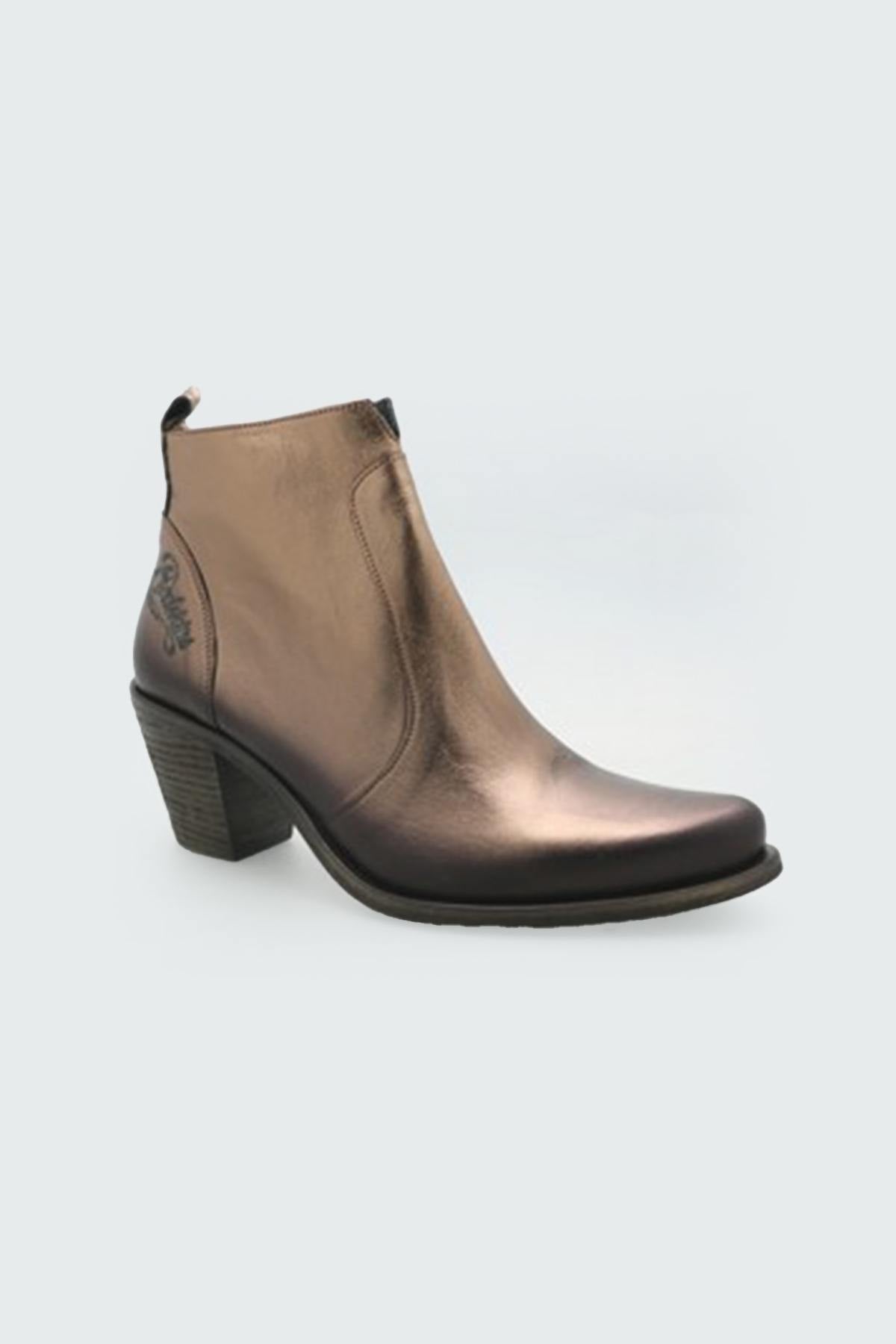 Bronze-colored laminated leather ankle boots - Image n°1