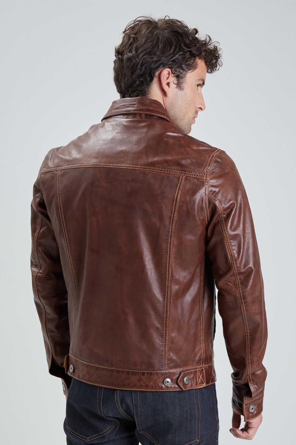 Robust brown vegetable tanned leather jacket - Image n°3