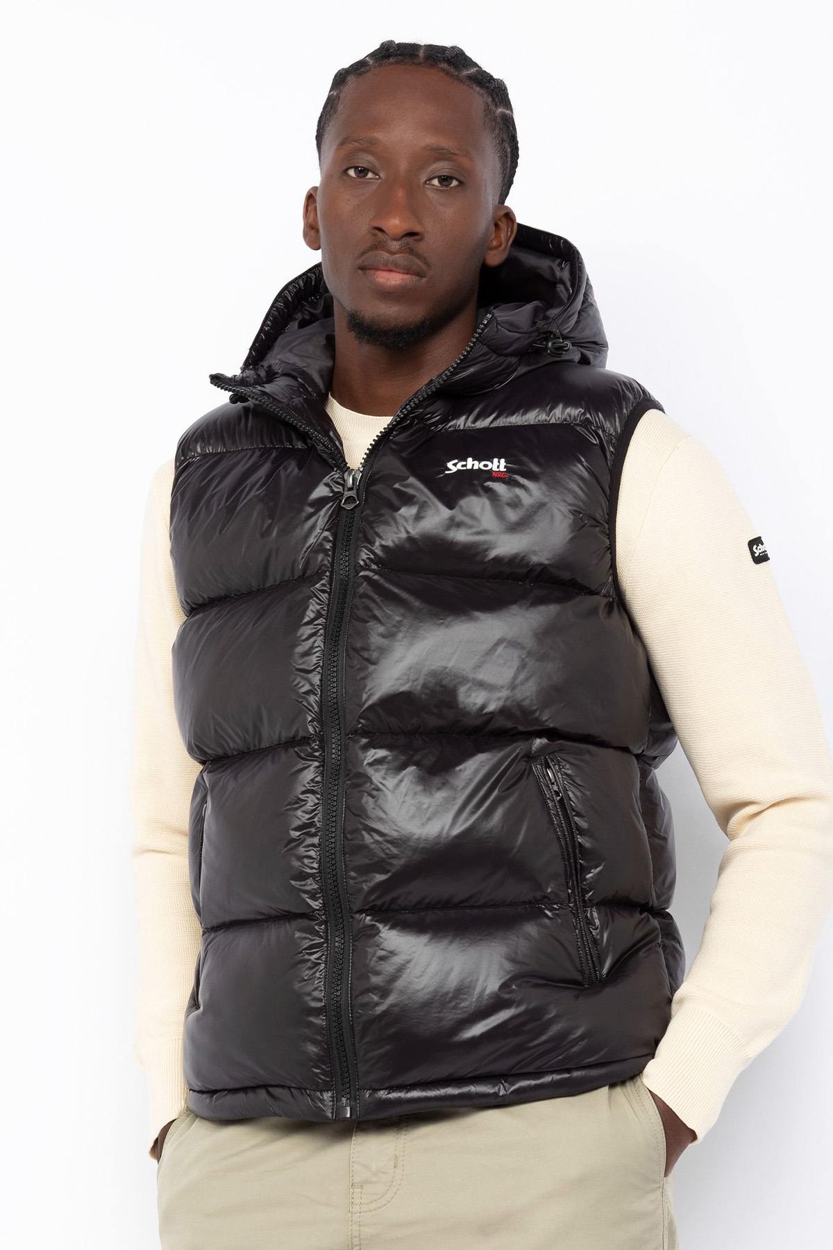 Black sleeveless hooded down jacket - Image n°1