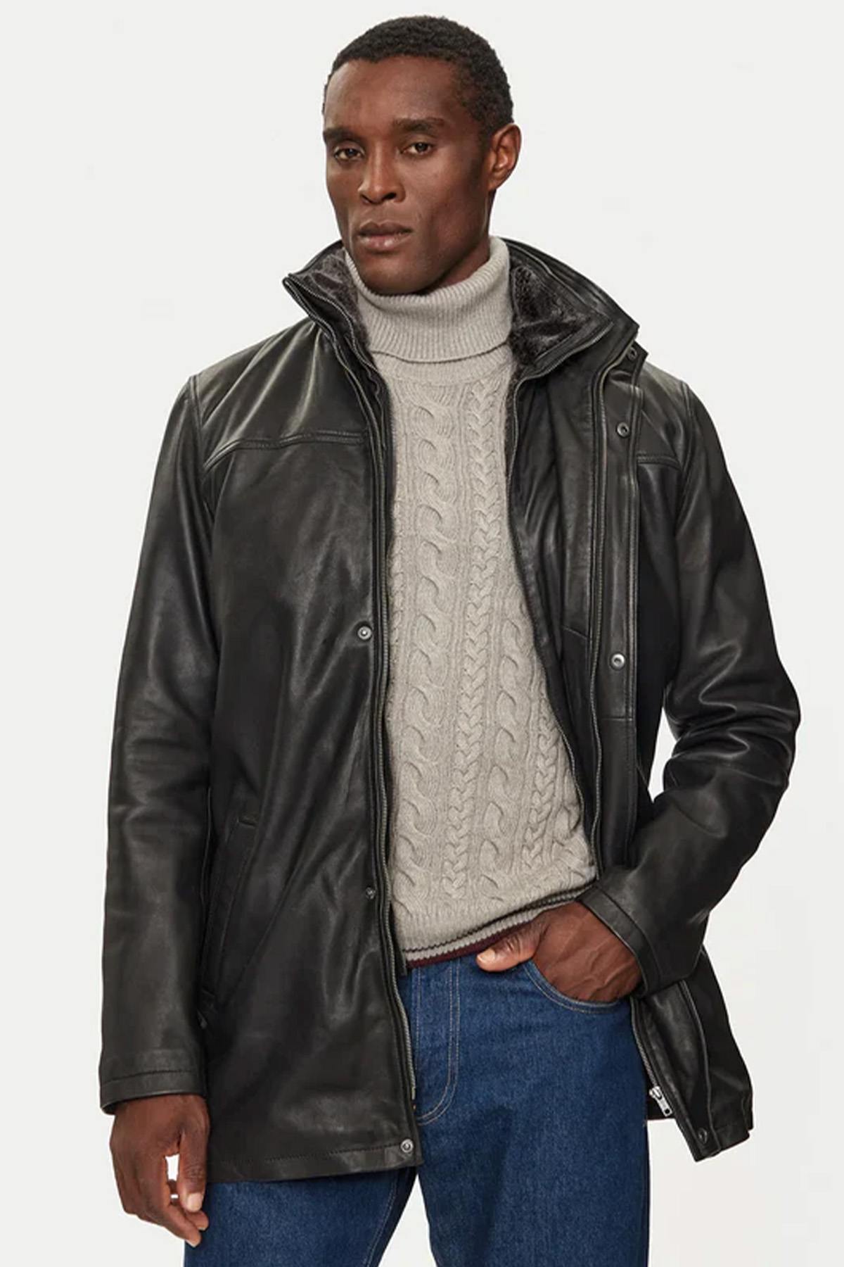 Black leather parka for men - Image n°1