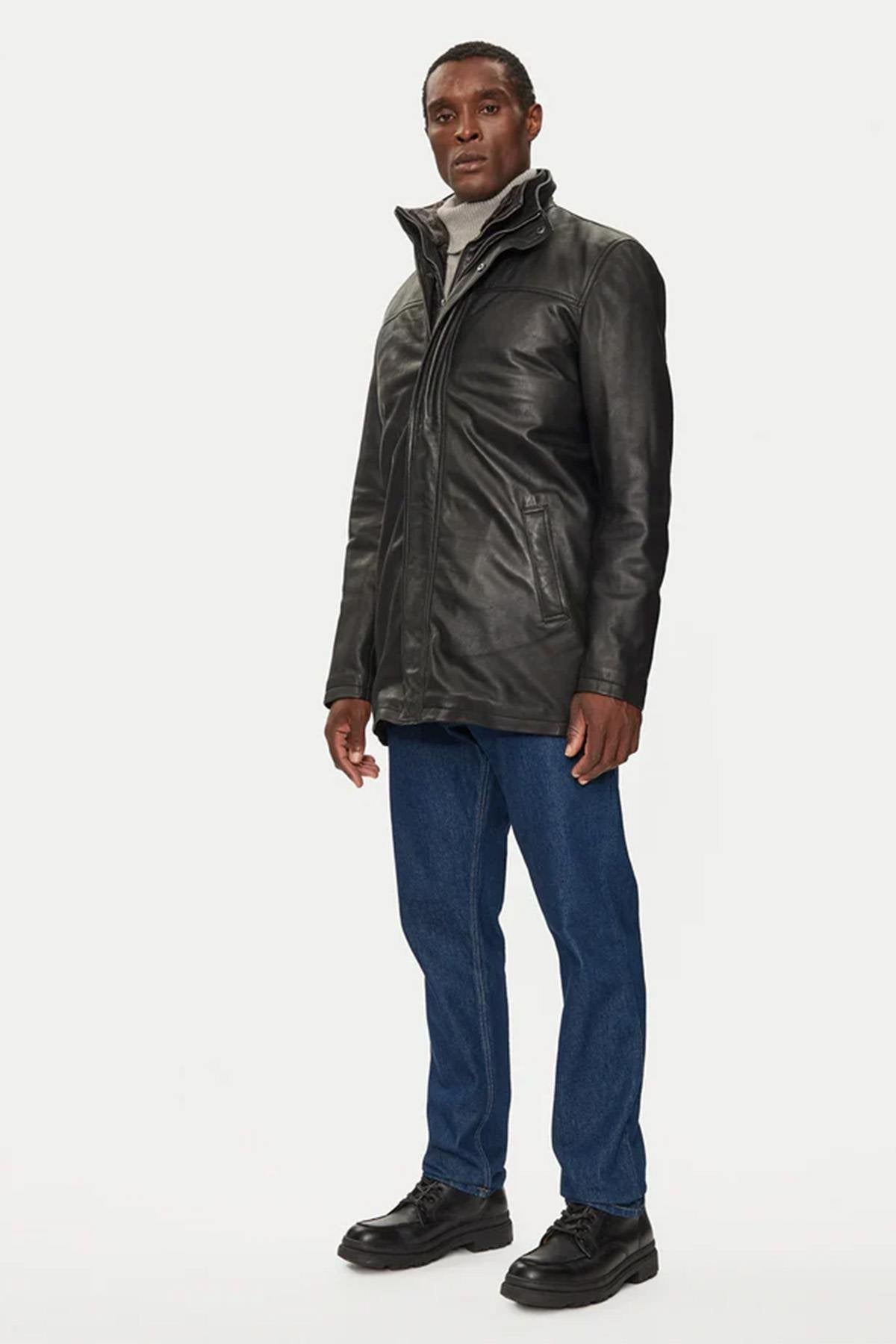 Black leather parka for men - Image n°2