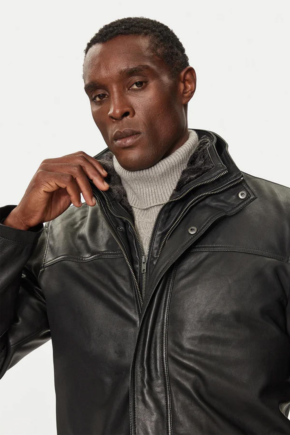 Black leather parka for men - Image n°4