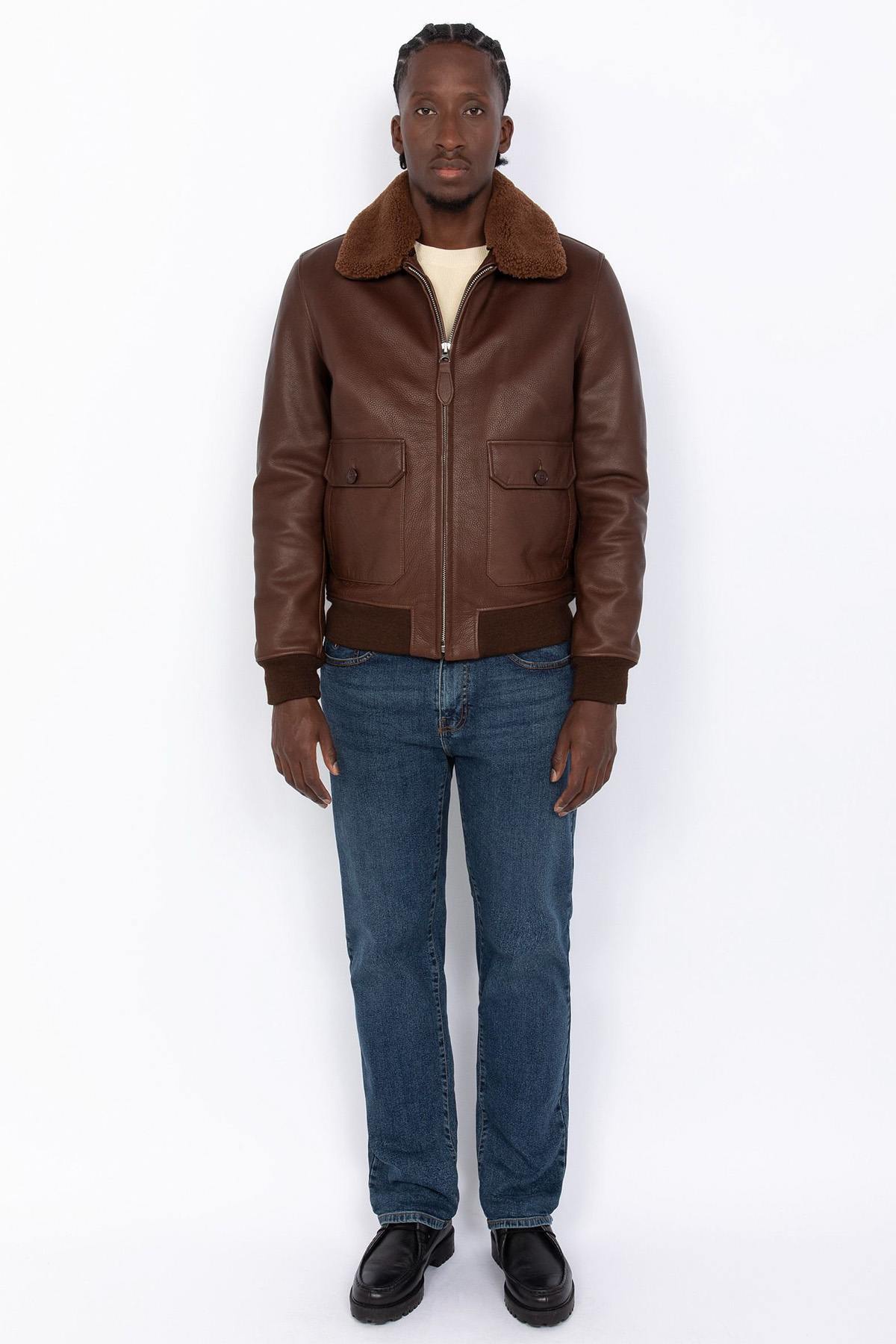 Brown cowhide leather bomber jacket - Image n°2