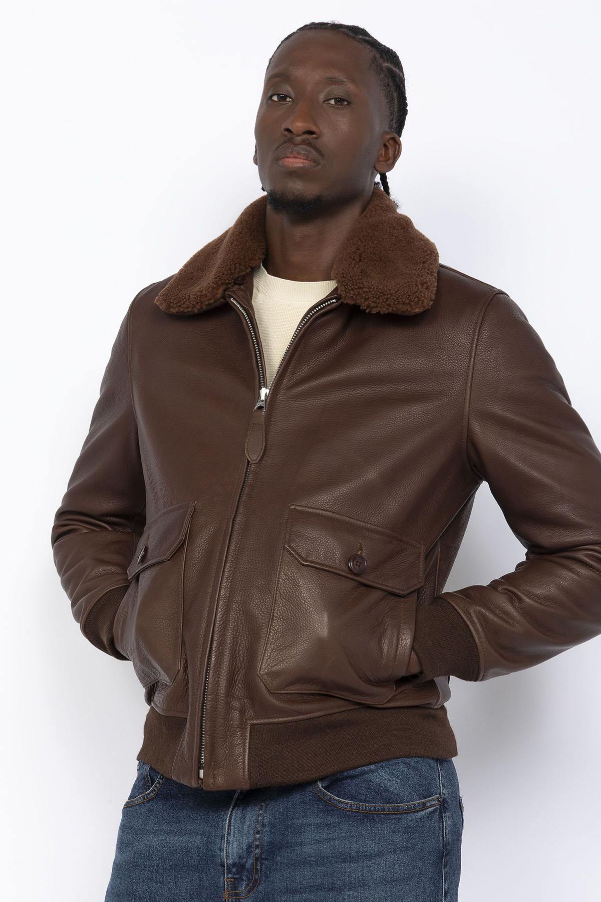 Brown cowhide leather bomber jacket - Image n°1