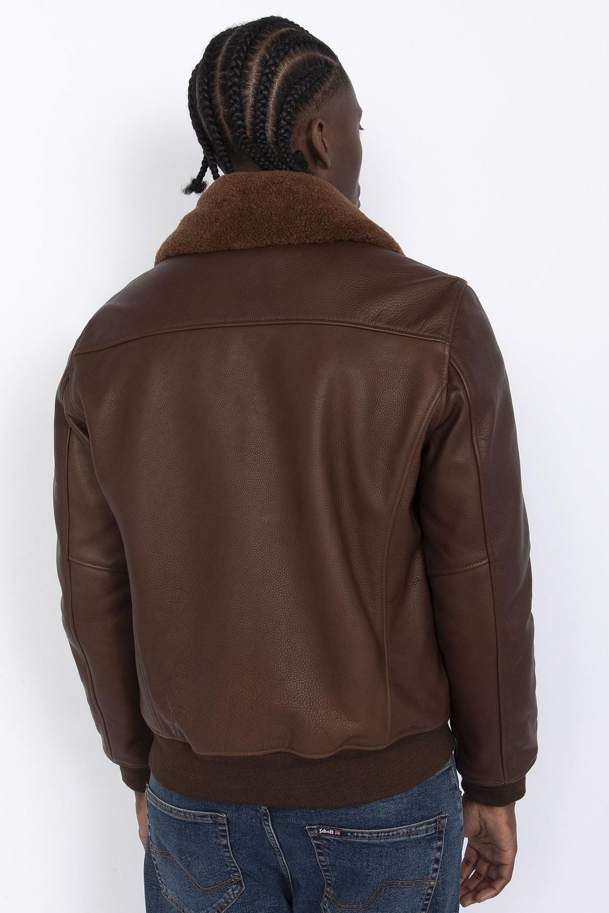 Brown cowhide leather bomber jacket - Image n°5