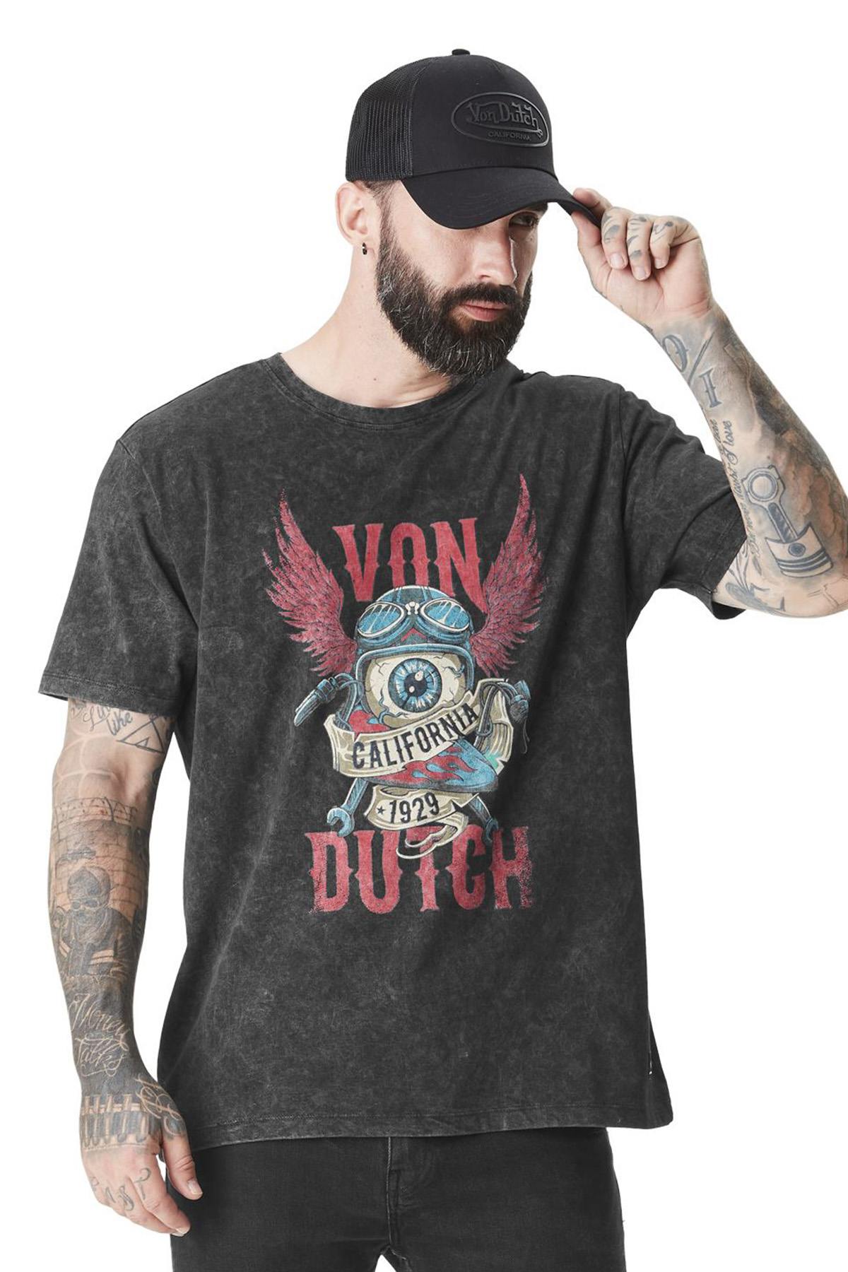 Black faded t-shirt with vintage illustration - Image n°1