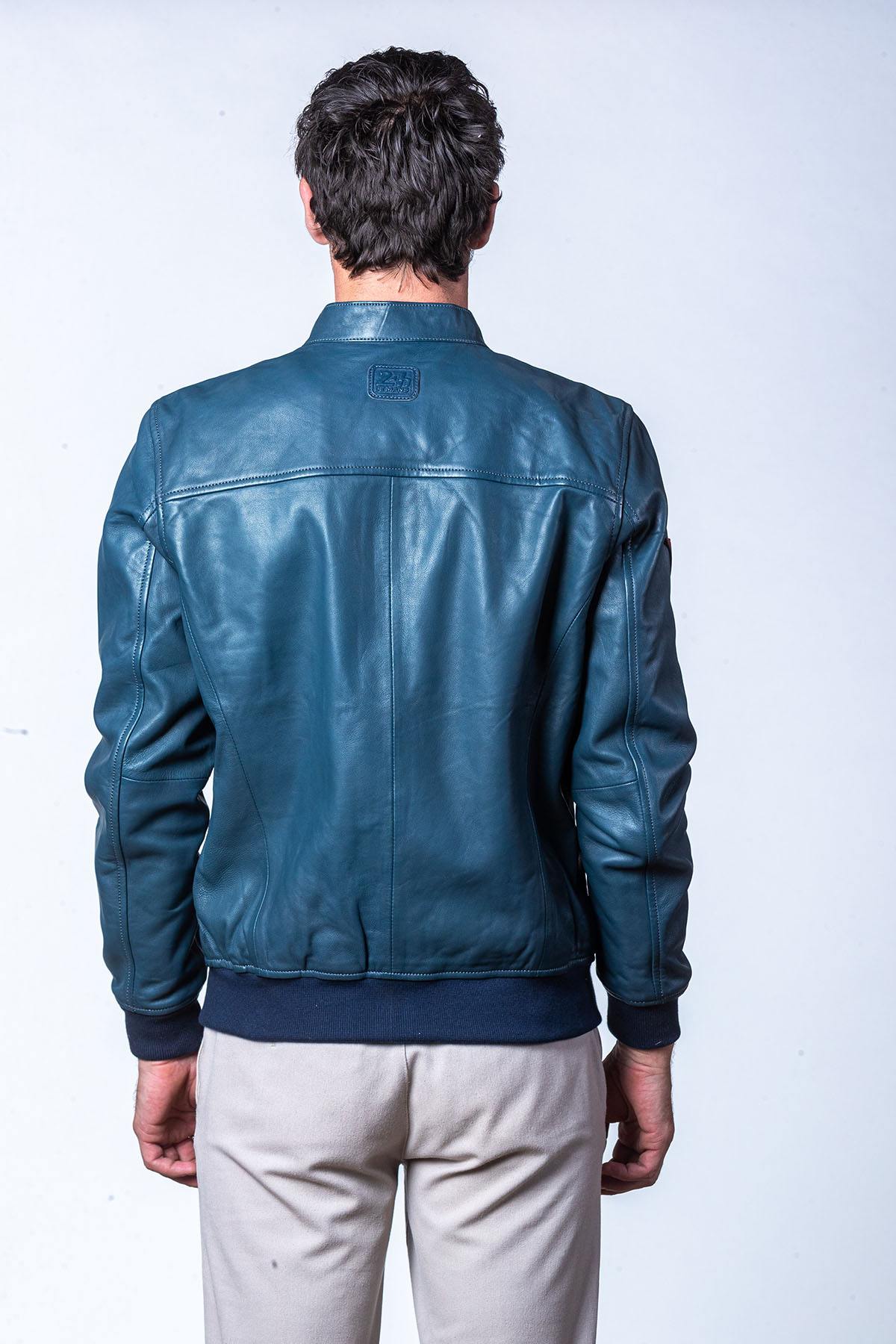 Blue leather jacket with customisable patch - Image n°5