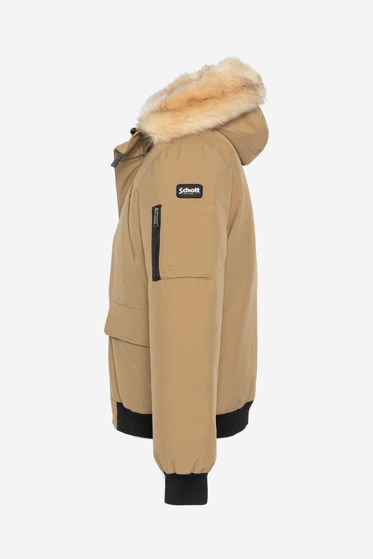 Dark beige short parka with removable fur hood - Image n°8