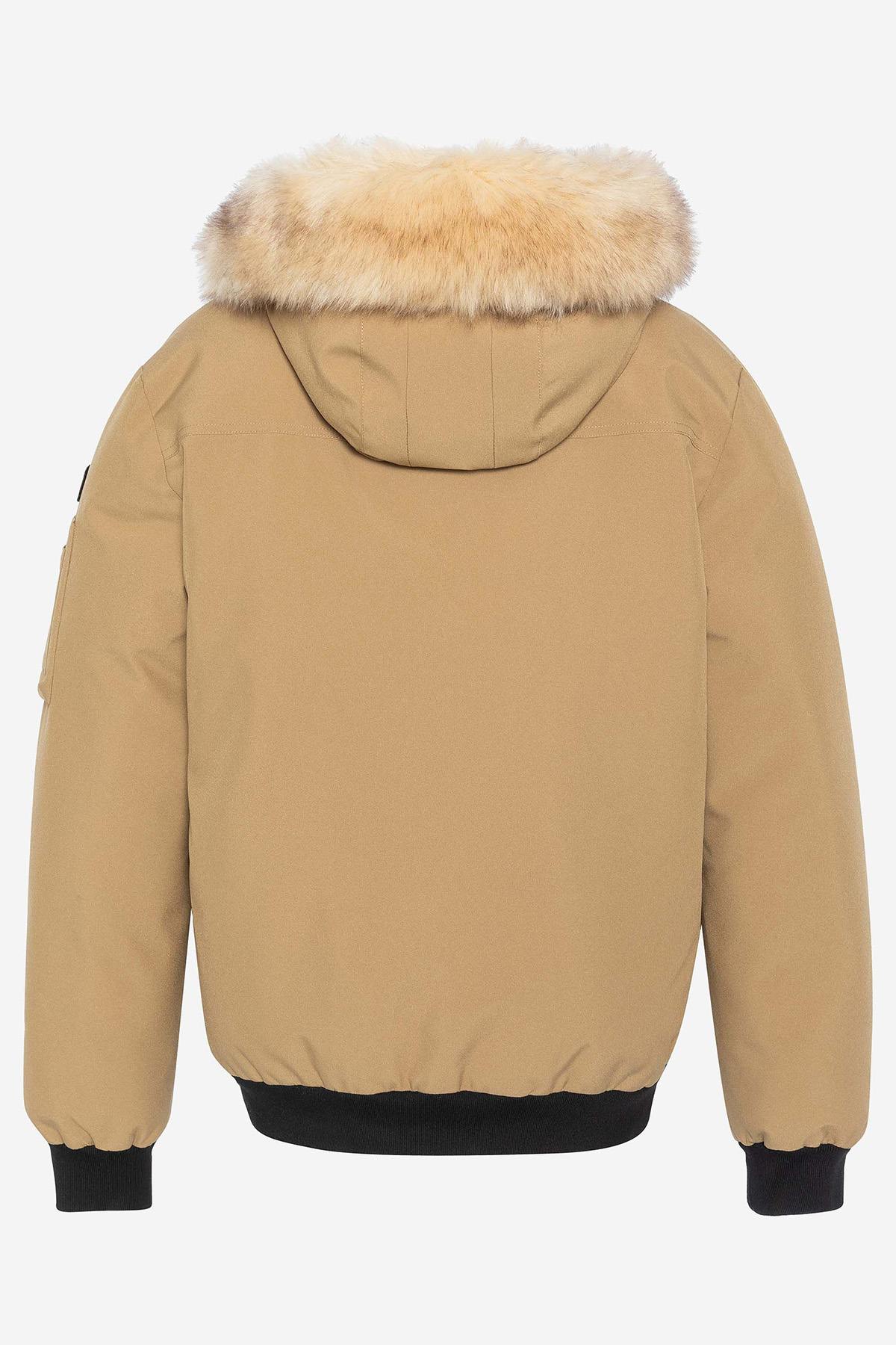 Dark beige short parka with removable fur hood - Image n°7