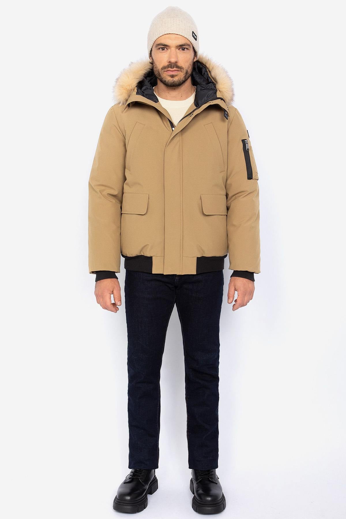 Dark beige short parka with removable fur hood - Image n°4