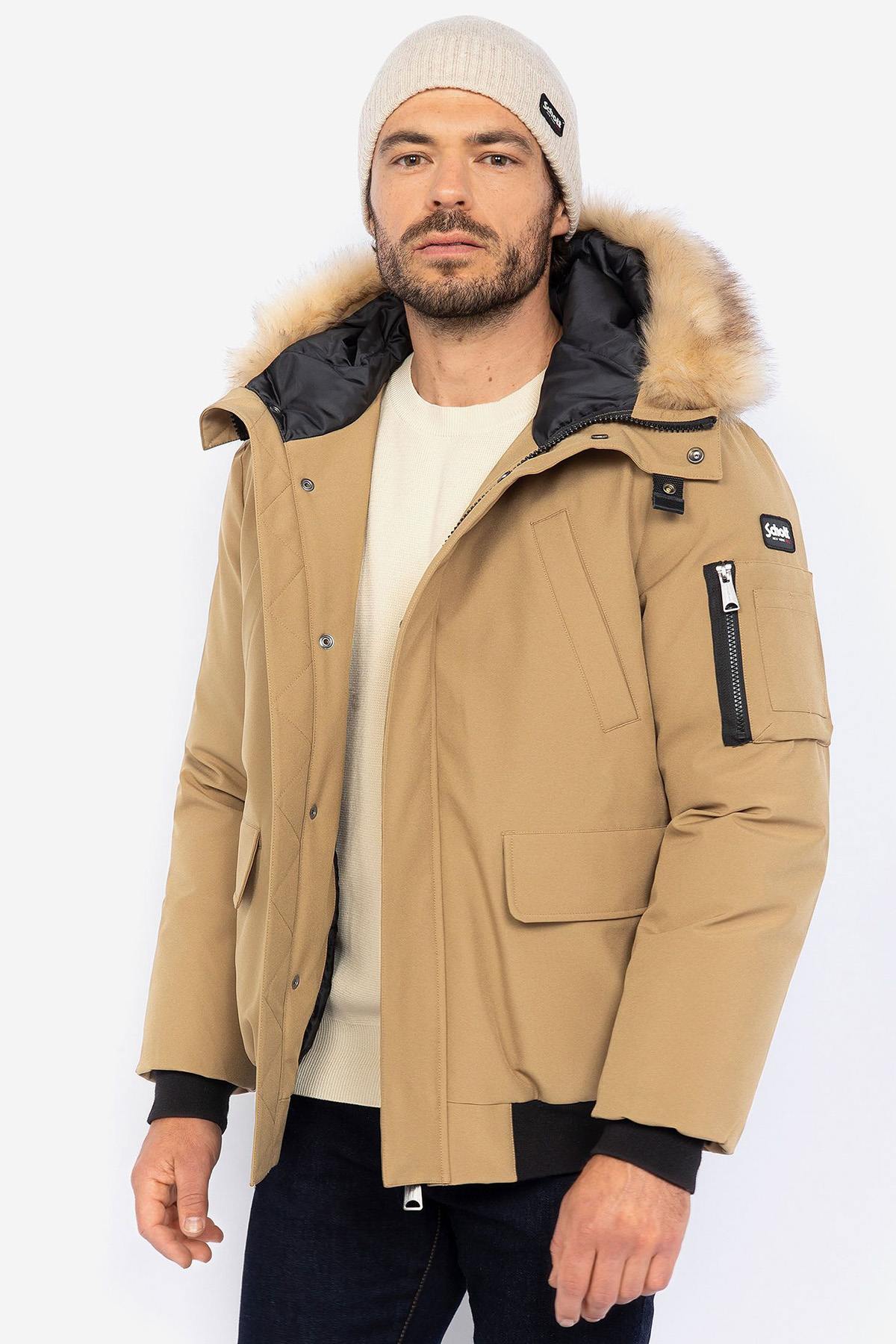 Dark beige short parka with removable fur hood - Image n°9