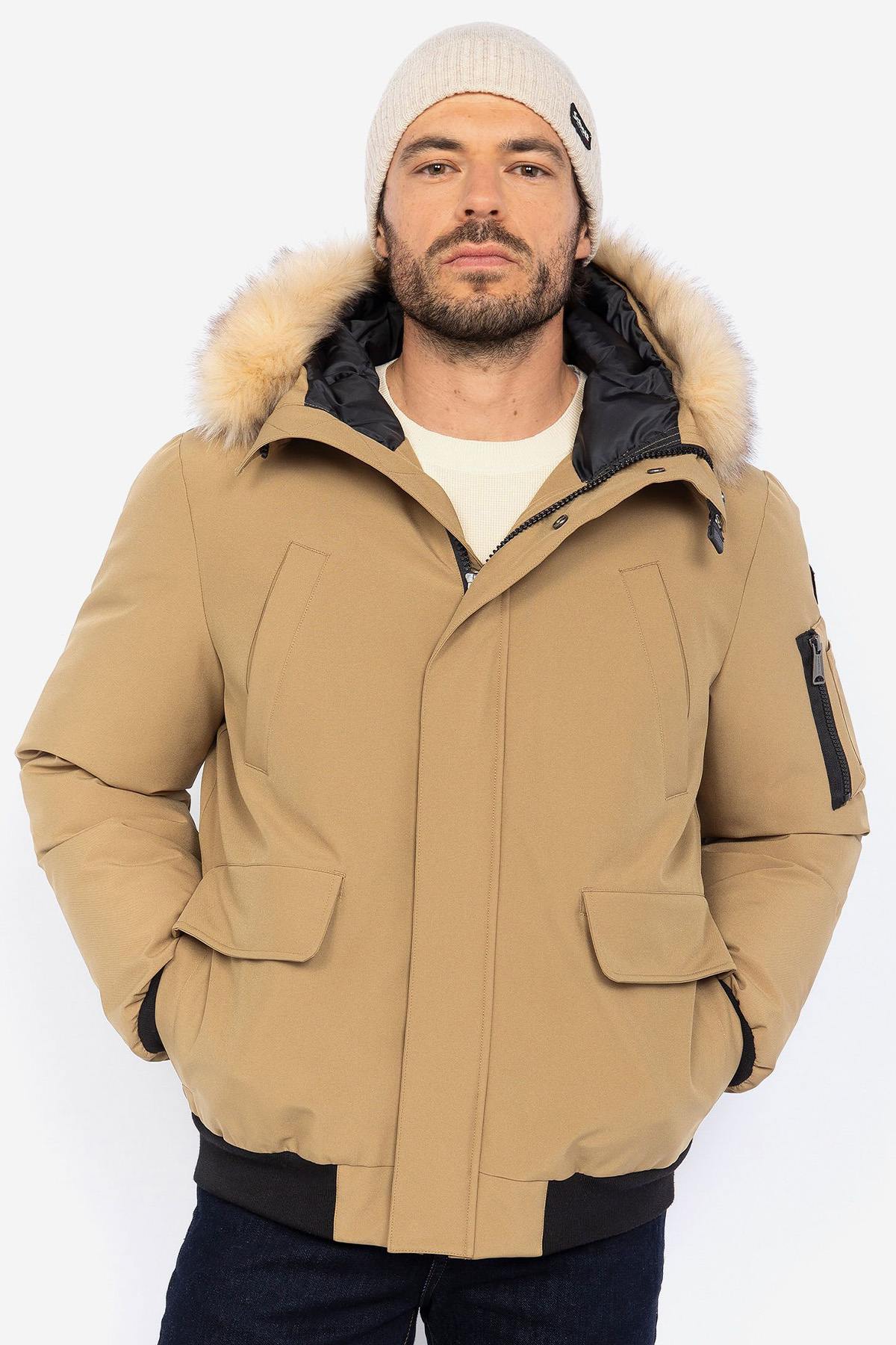 Dark beige short parka with removable fur hood - Image n°1