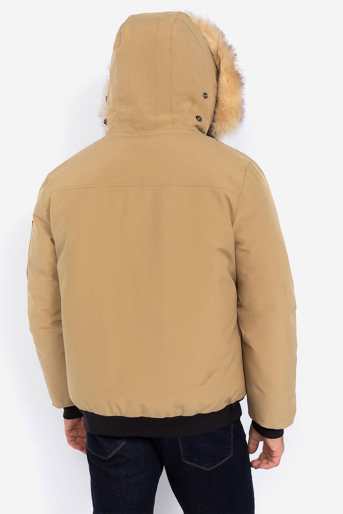 Dark beige short parka with removable fur hood - Image n°2