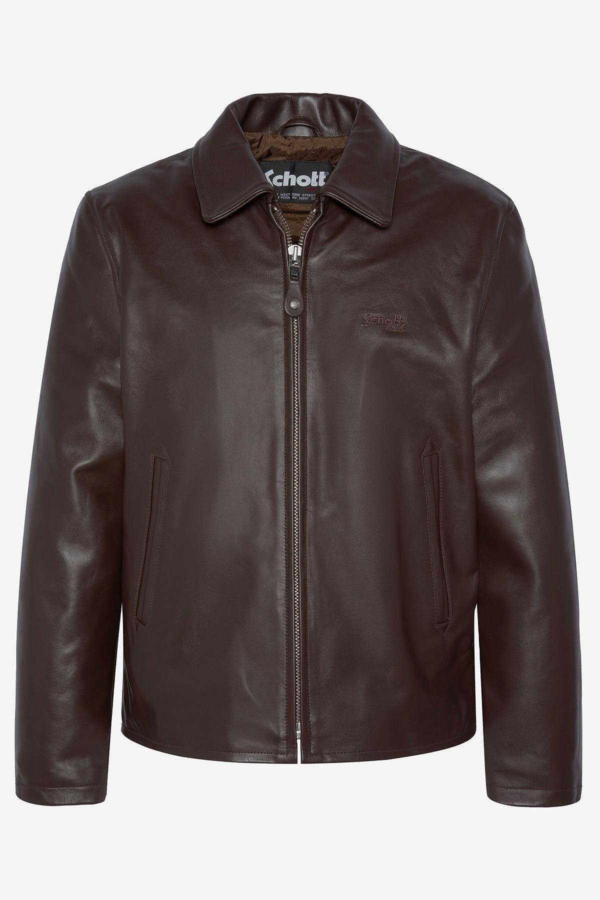 Dark brown leather jacket with shirt collar - Image n°5