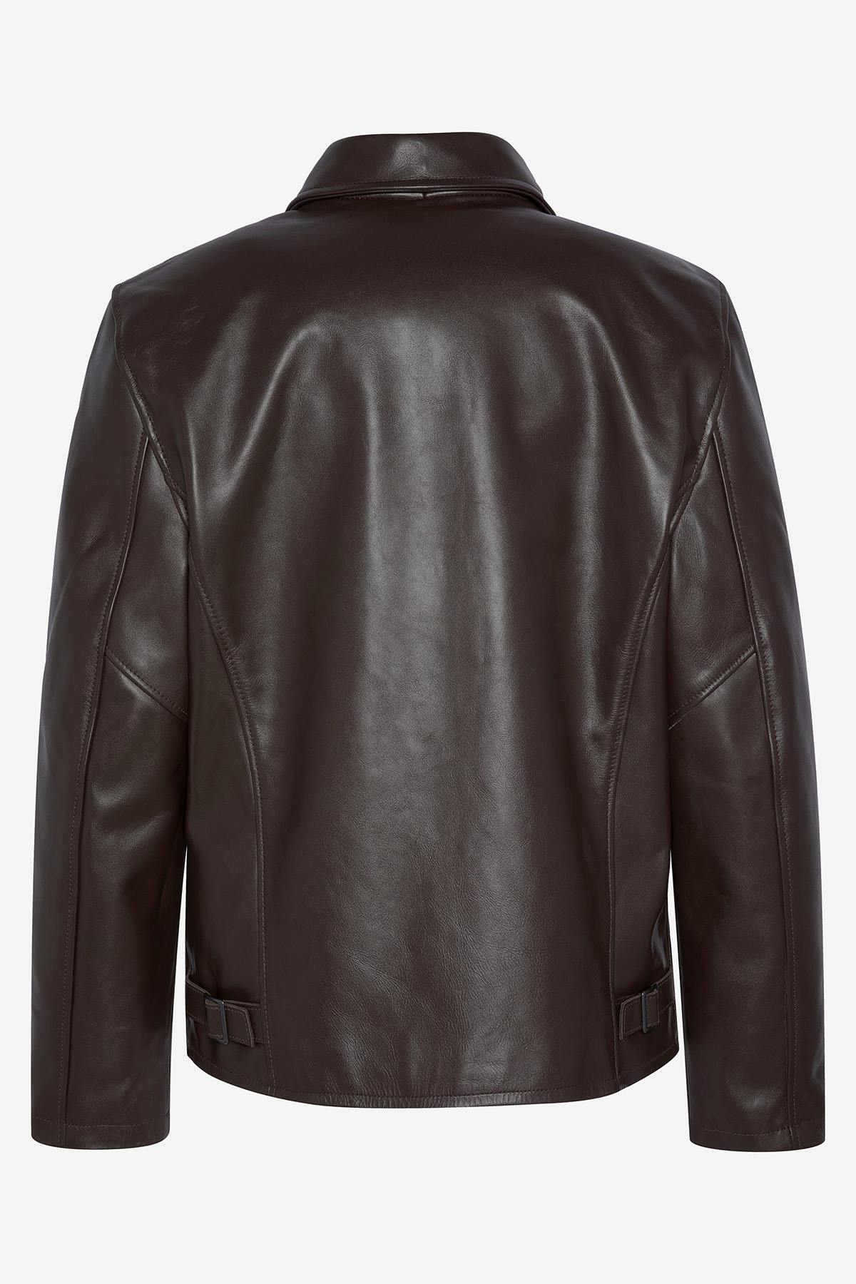 Dark brown leather jacket with shirt collar - Image n°6