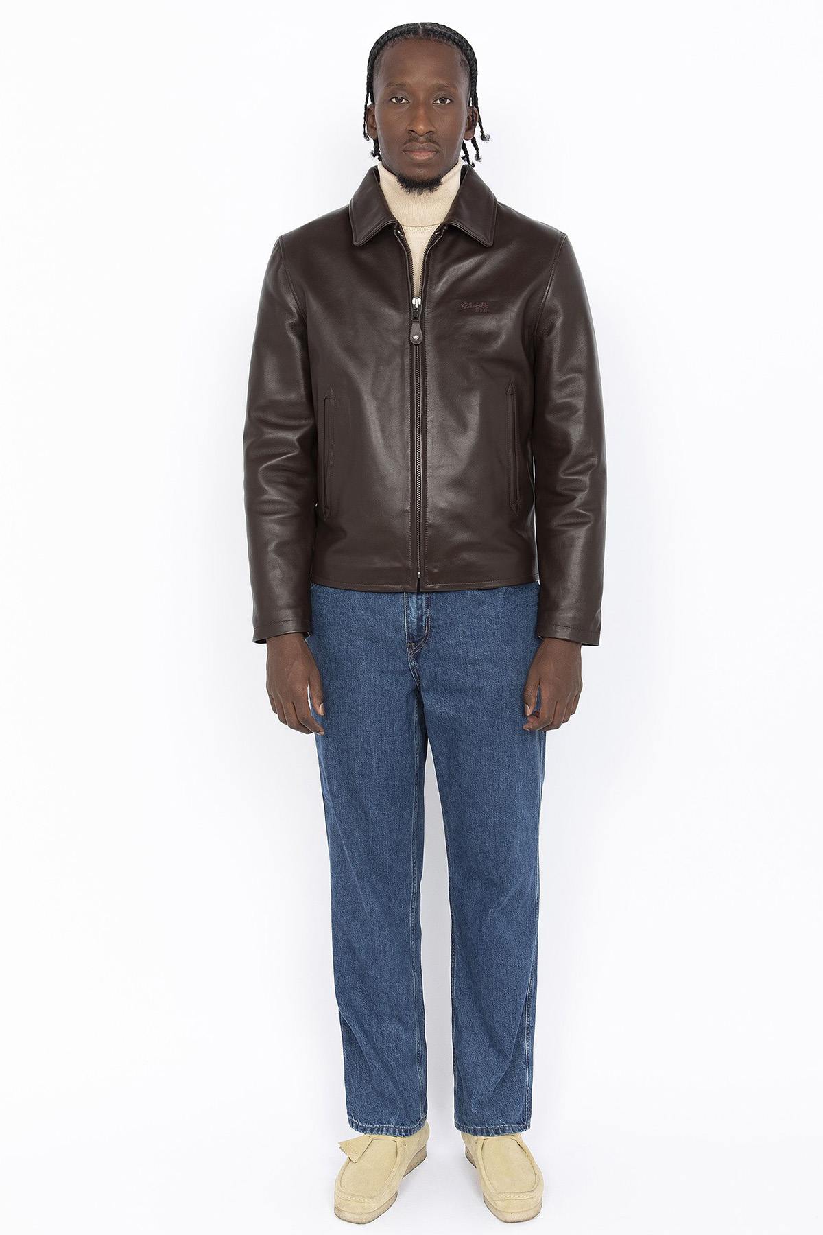 Dark brown leather jacket with shirt collar - Image n°3