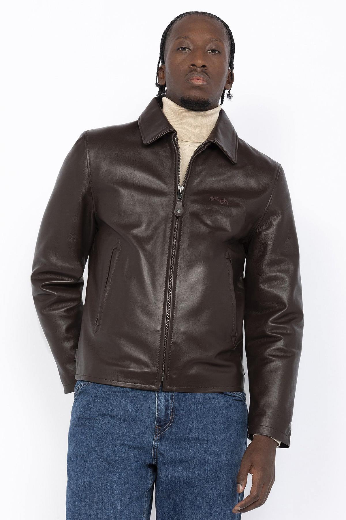 Dark brown leather jacket with shirt collar - Image n°1