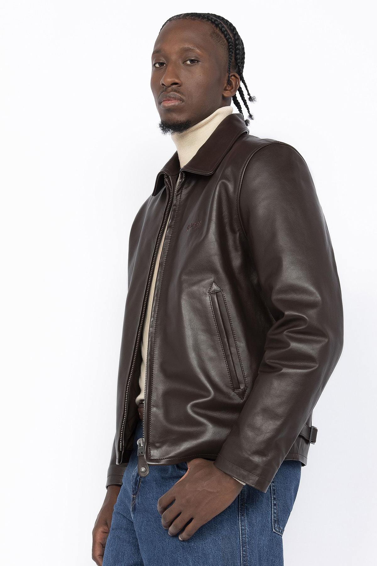 Dark brown leather jacket with shirt collar - Image n°7