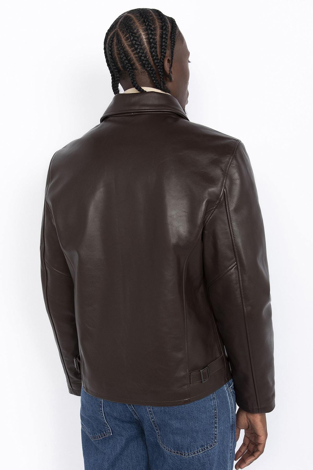 Dark brown leather jacket with shirt collar - Image n°2