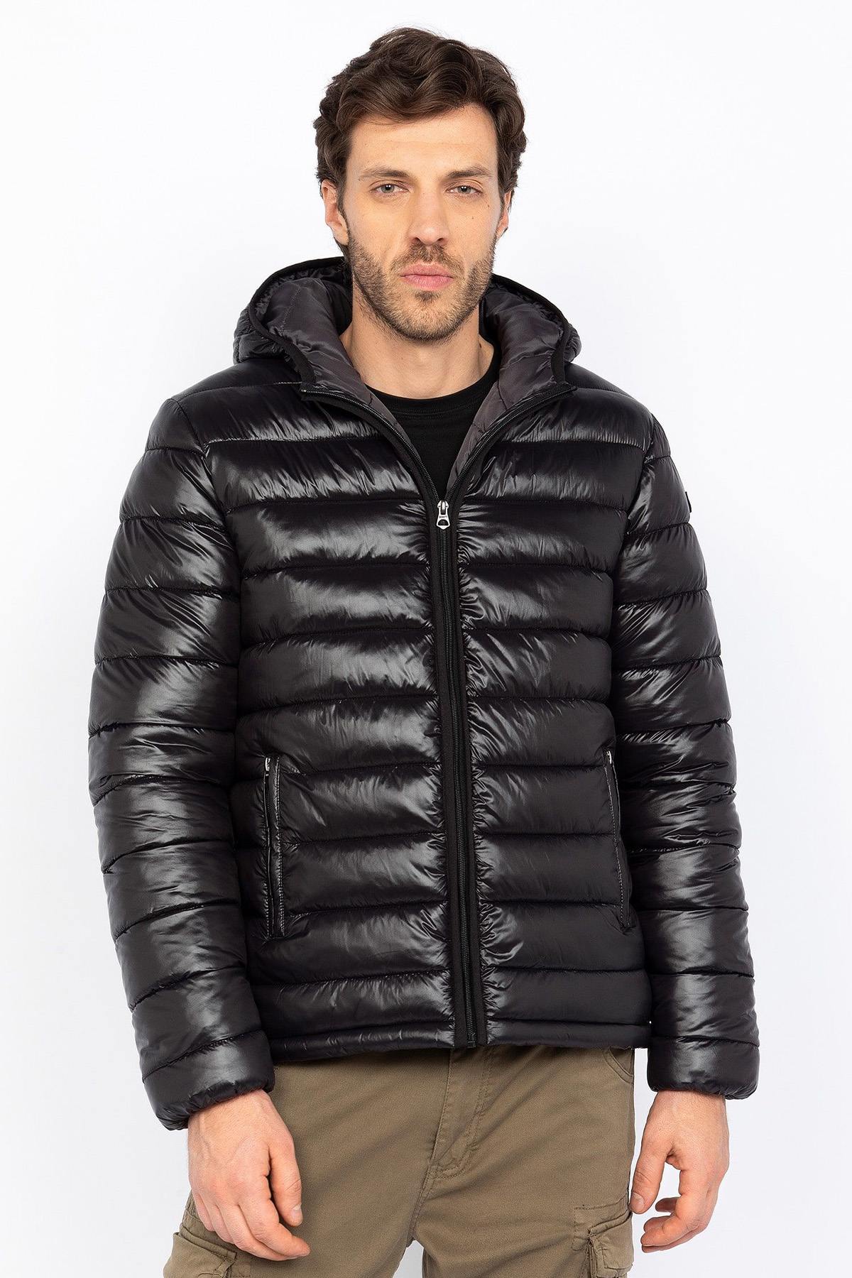 Black nylon hooded down jacket - Image n°2