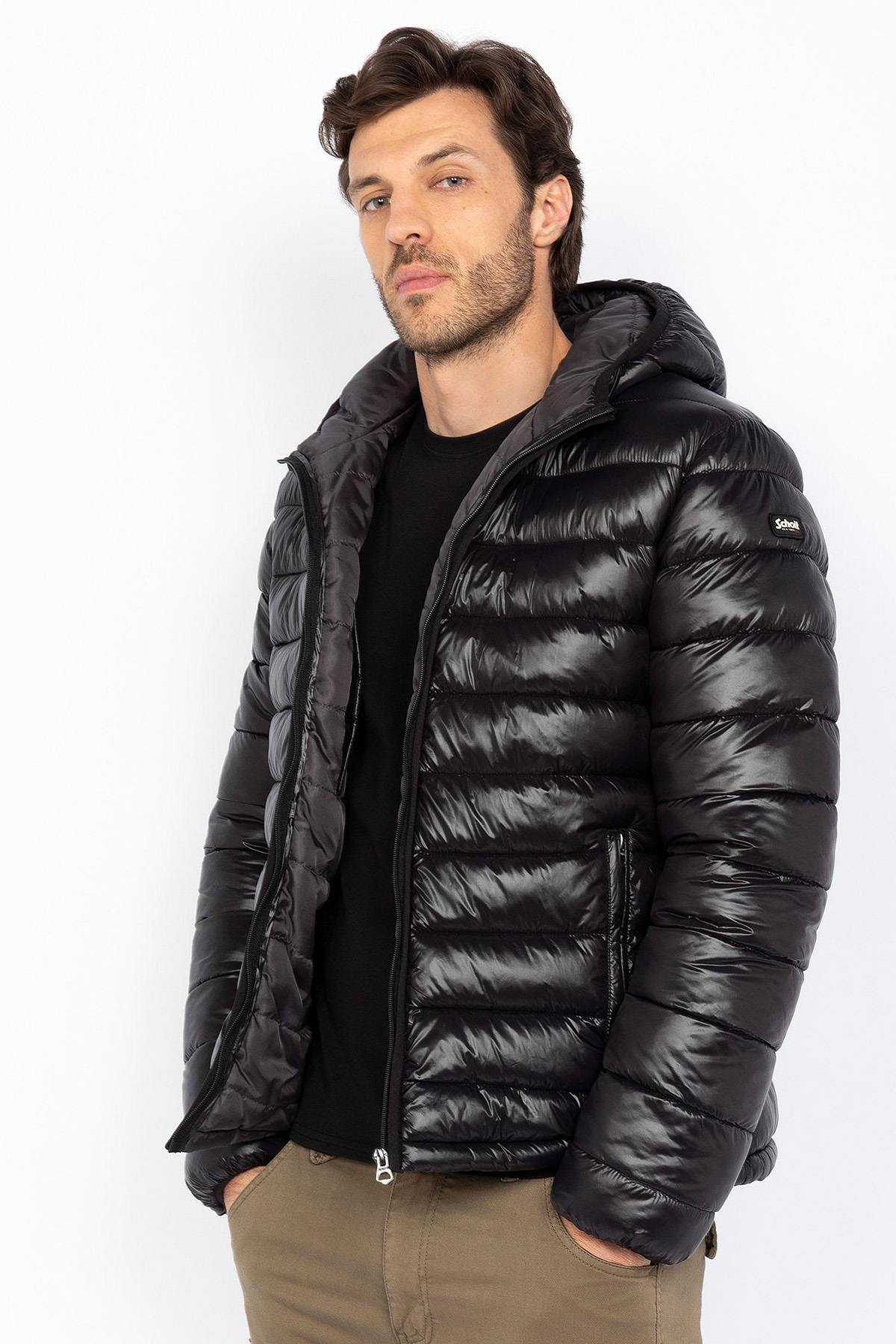 Black nylon hooded down jacket - Image n°1