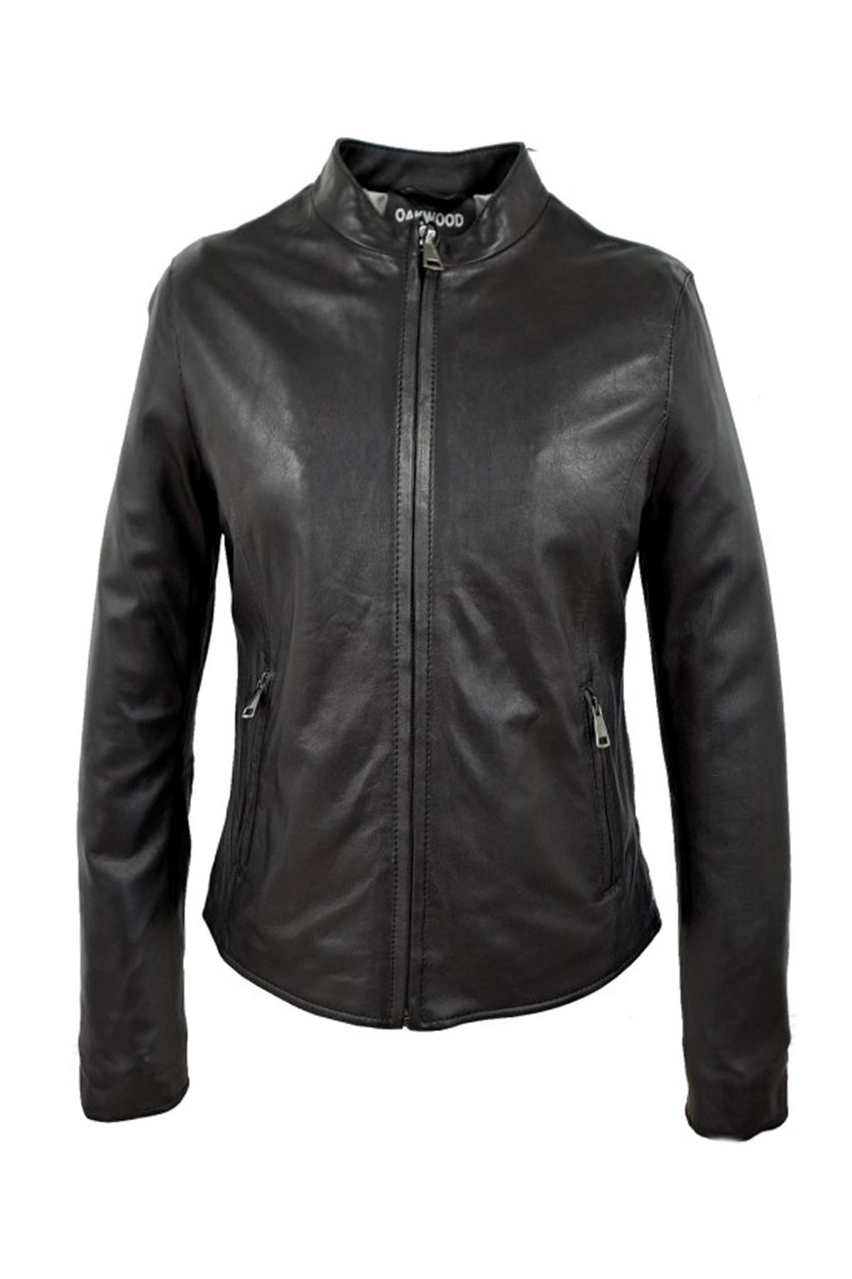 Black leather jacket with mandarin collar - Image n°1