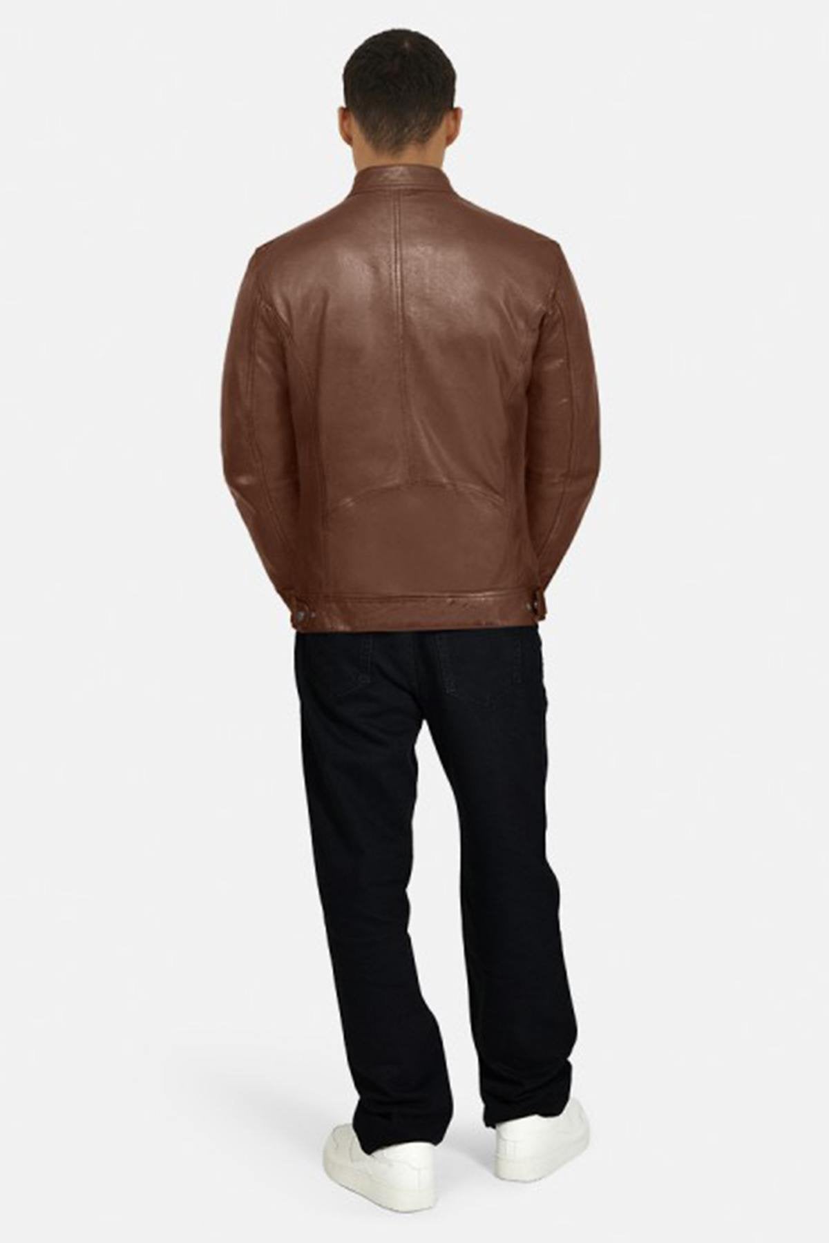 Tan color biker collar leather jacket - Image n°5