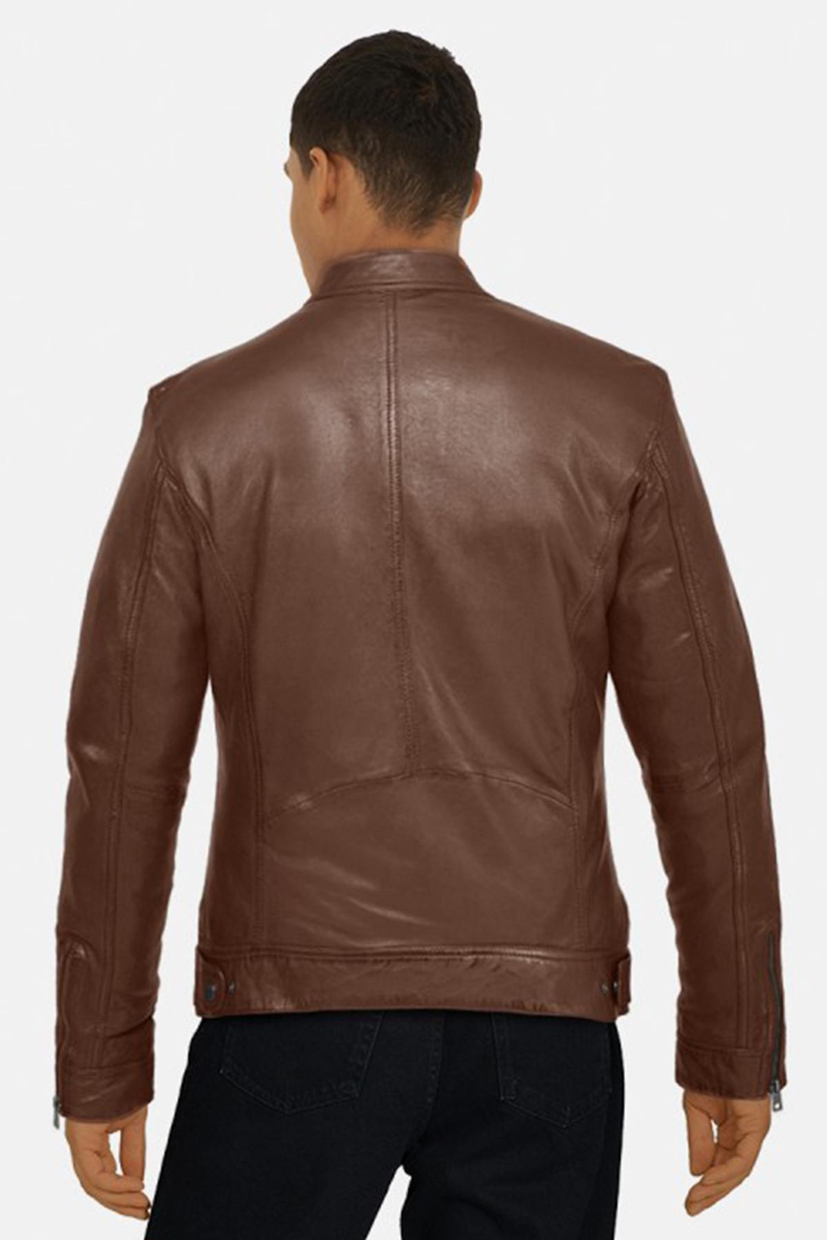 Tan color biker collar leather jacket - Image n°2