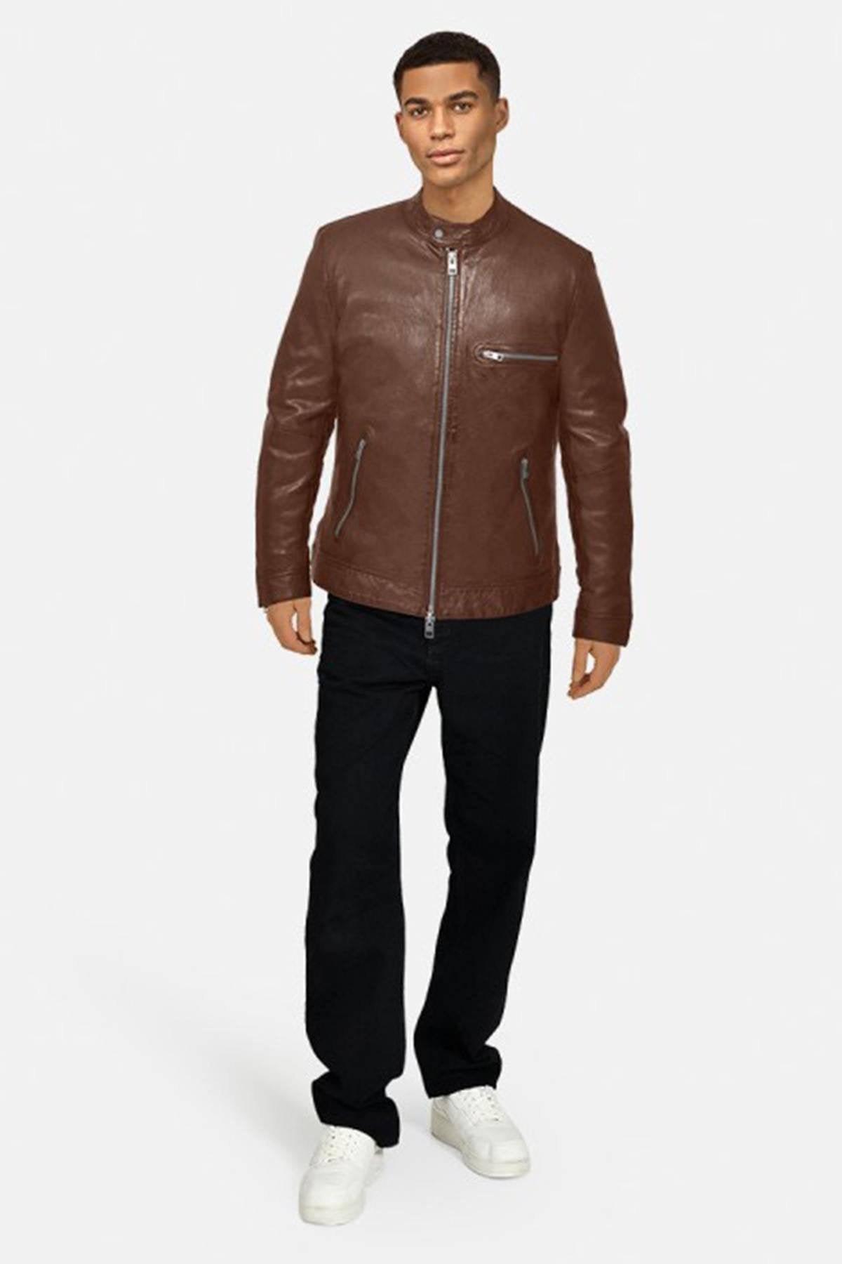 Tan color biker collar leather jacket - Image n°4