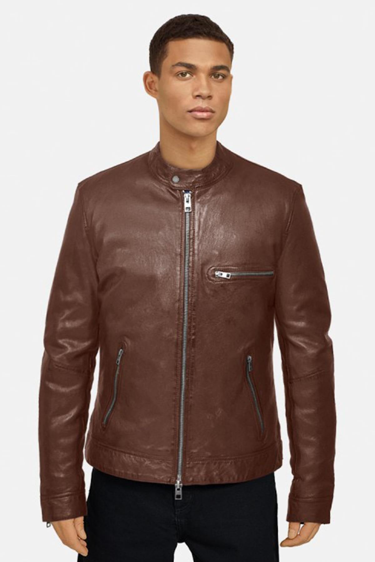 Tan color biker collar leather jacket - Image n°1