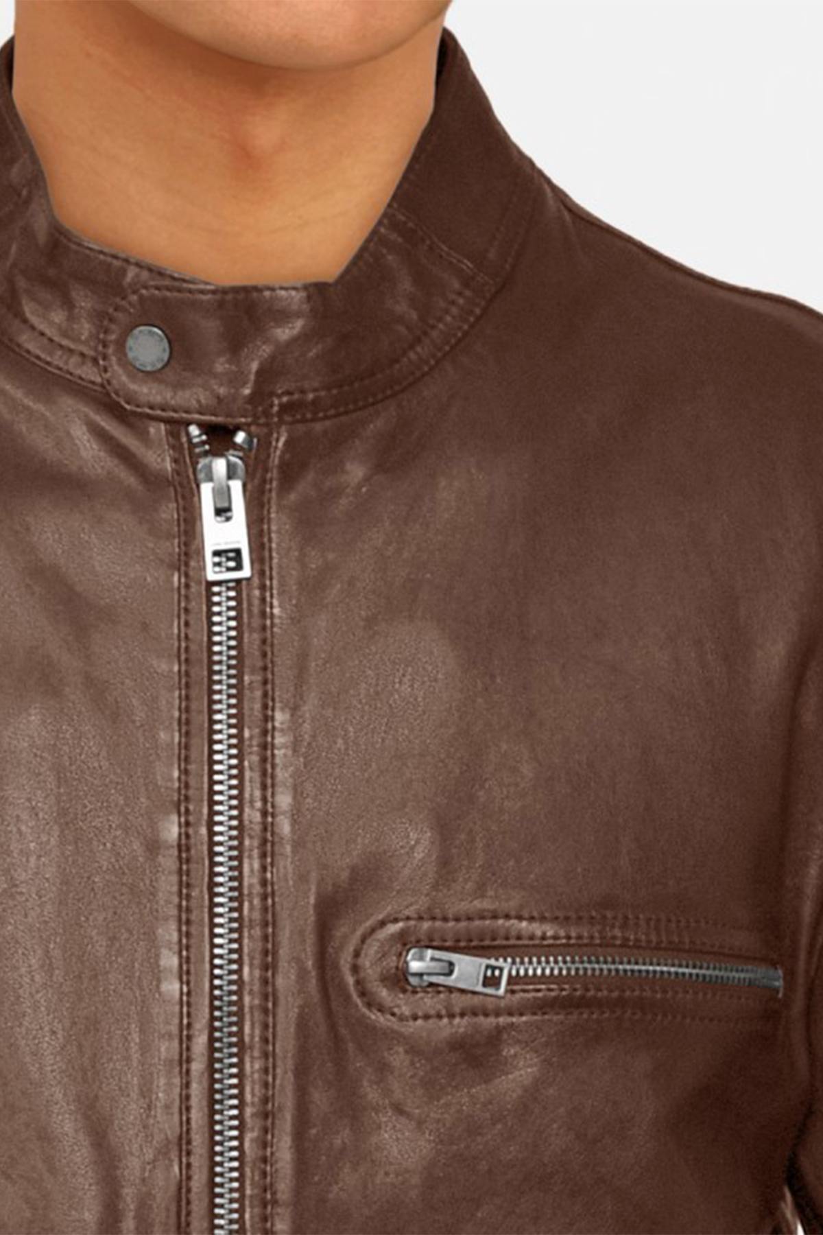 Tan color biker collar leather jacket - Image n°3