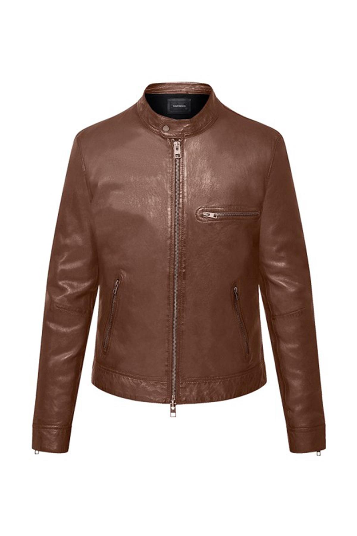 Tan color biker collar leather jacket - Image n°6