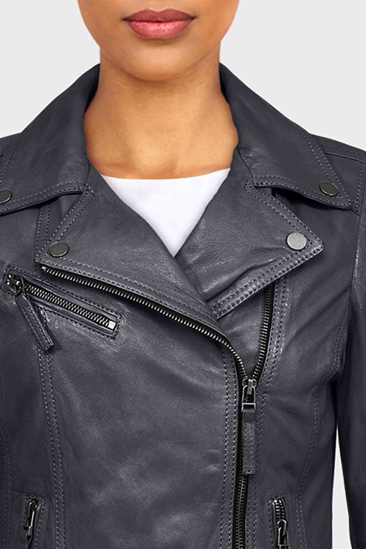 Black leather jacket with asymmetrical collar - Image n°2