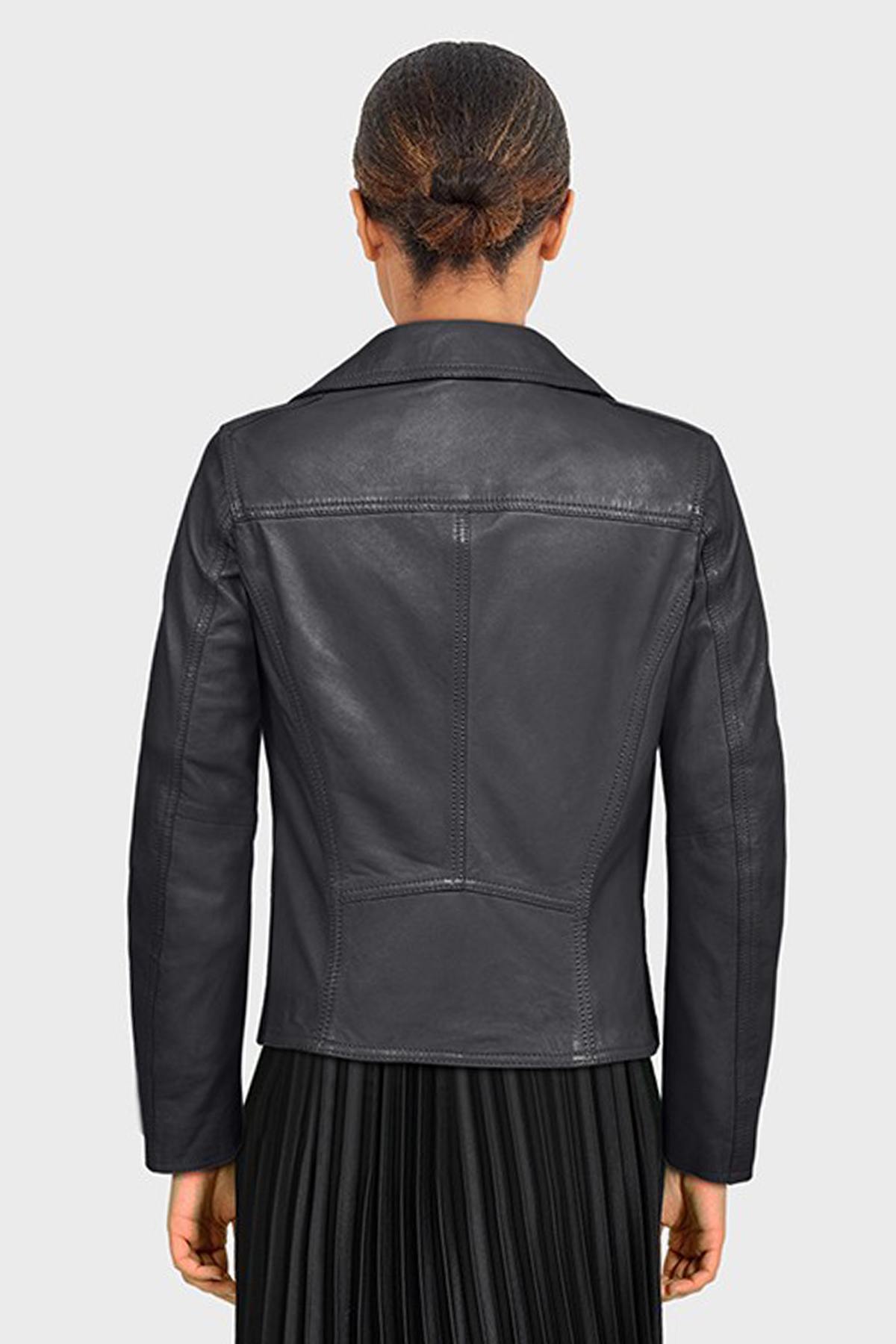 Black leather jacket with asymmetrical collar - Image n°3