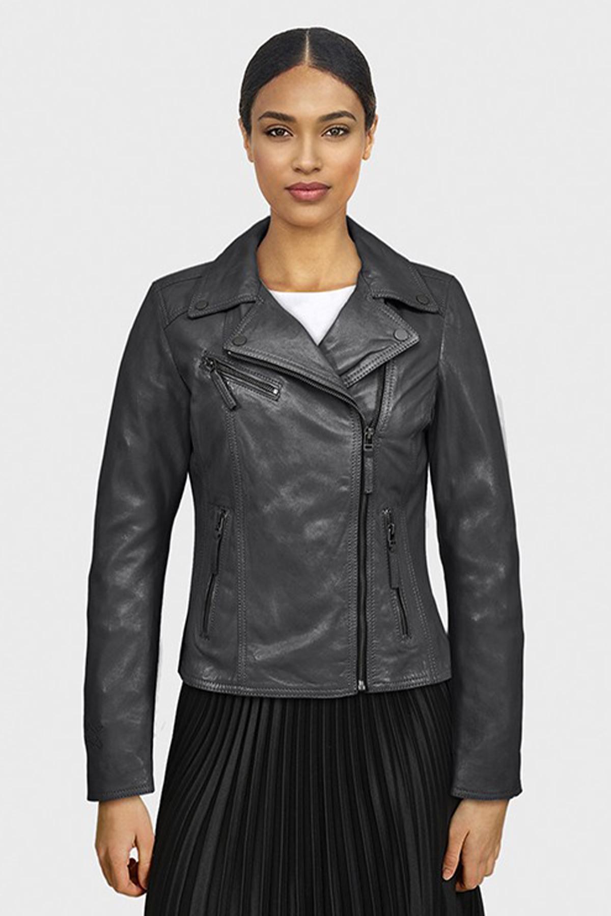 Black leather jacket with asymmetrical collar - Image n°1