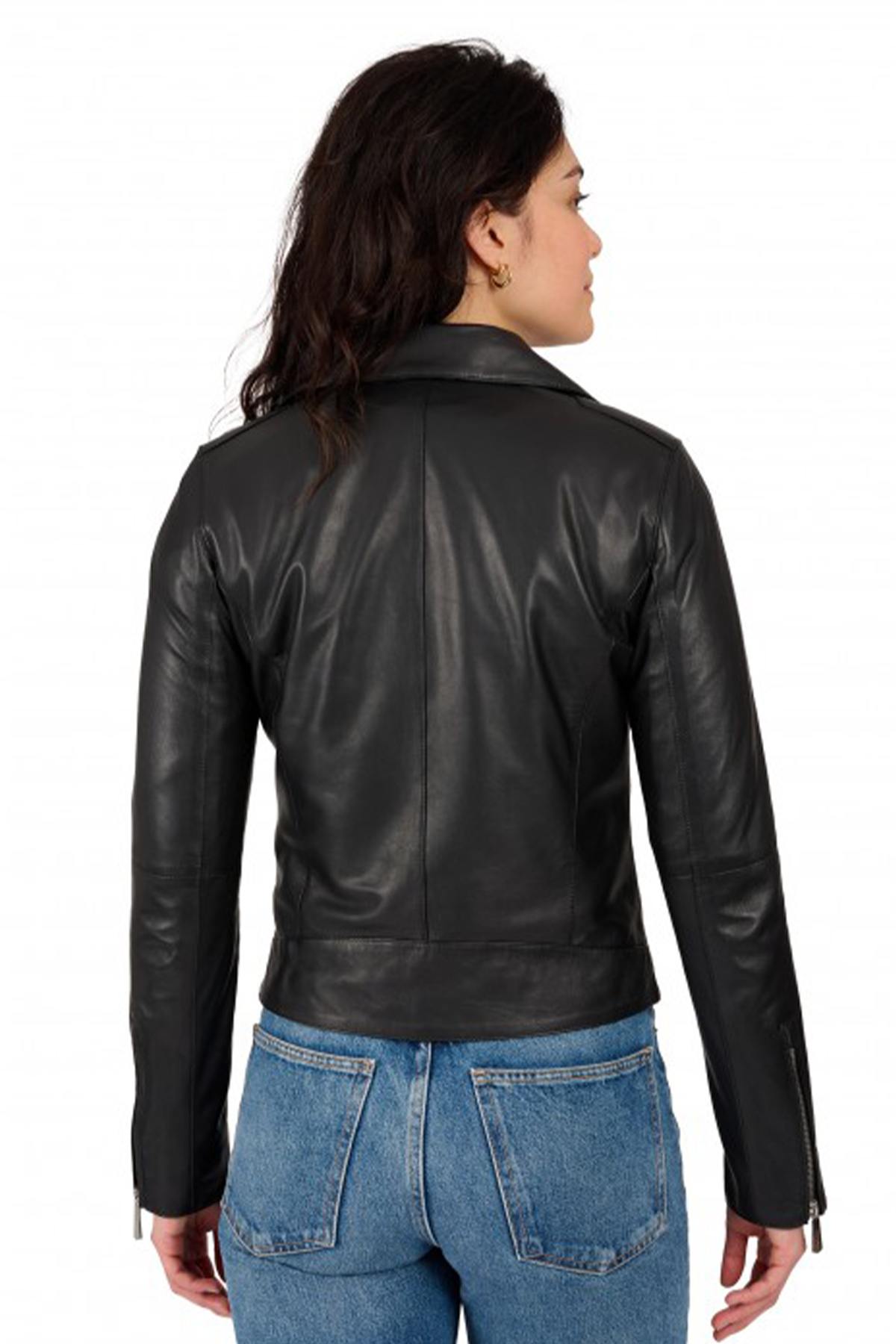 Black leather jacket with asymmetrical collar - Image n°3