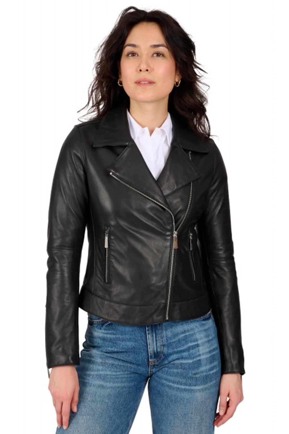 Black leather jacket with asymmetrical collar - Image n°1