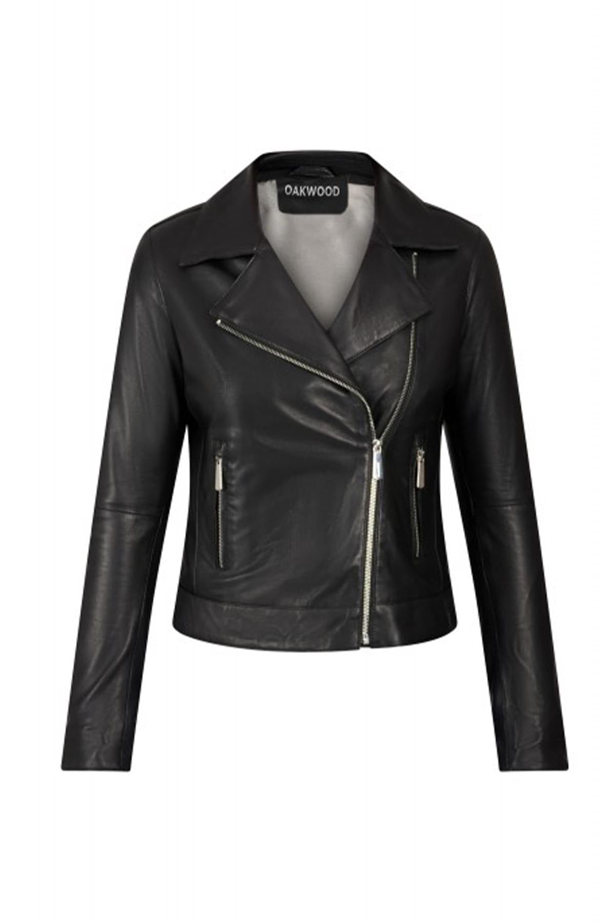 Black leather jacket with asymmetrical collar - Image n°4