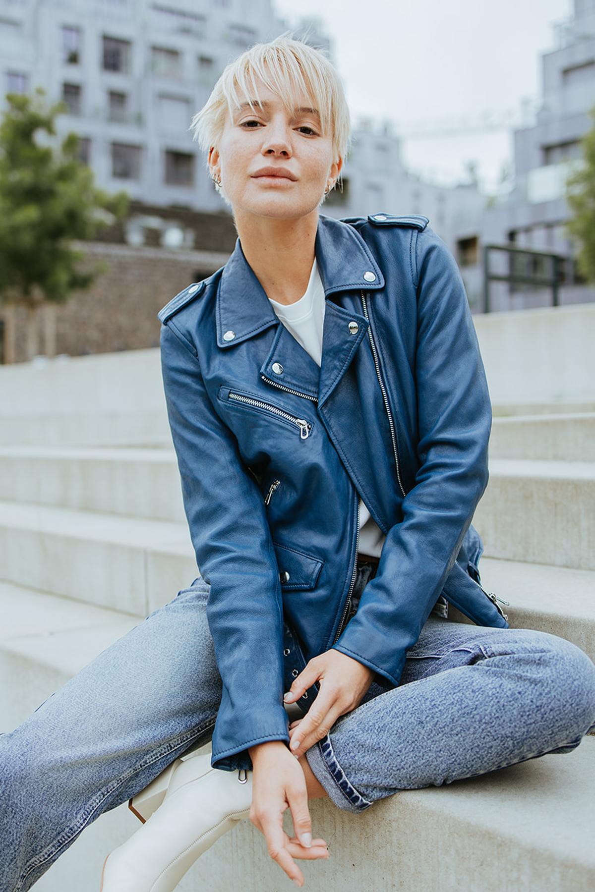 Blue leather Biker Jacket for women - Image n°1