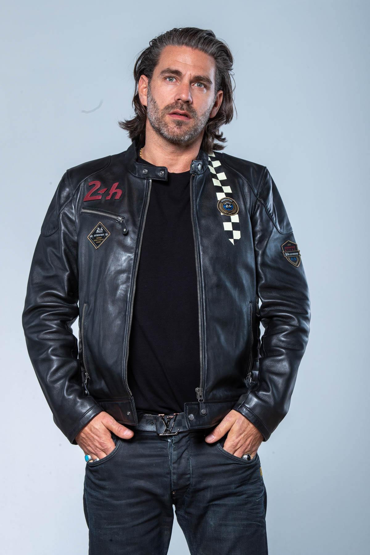 Black leather jacket with racing stripe - Image n°1