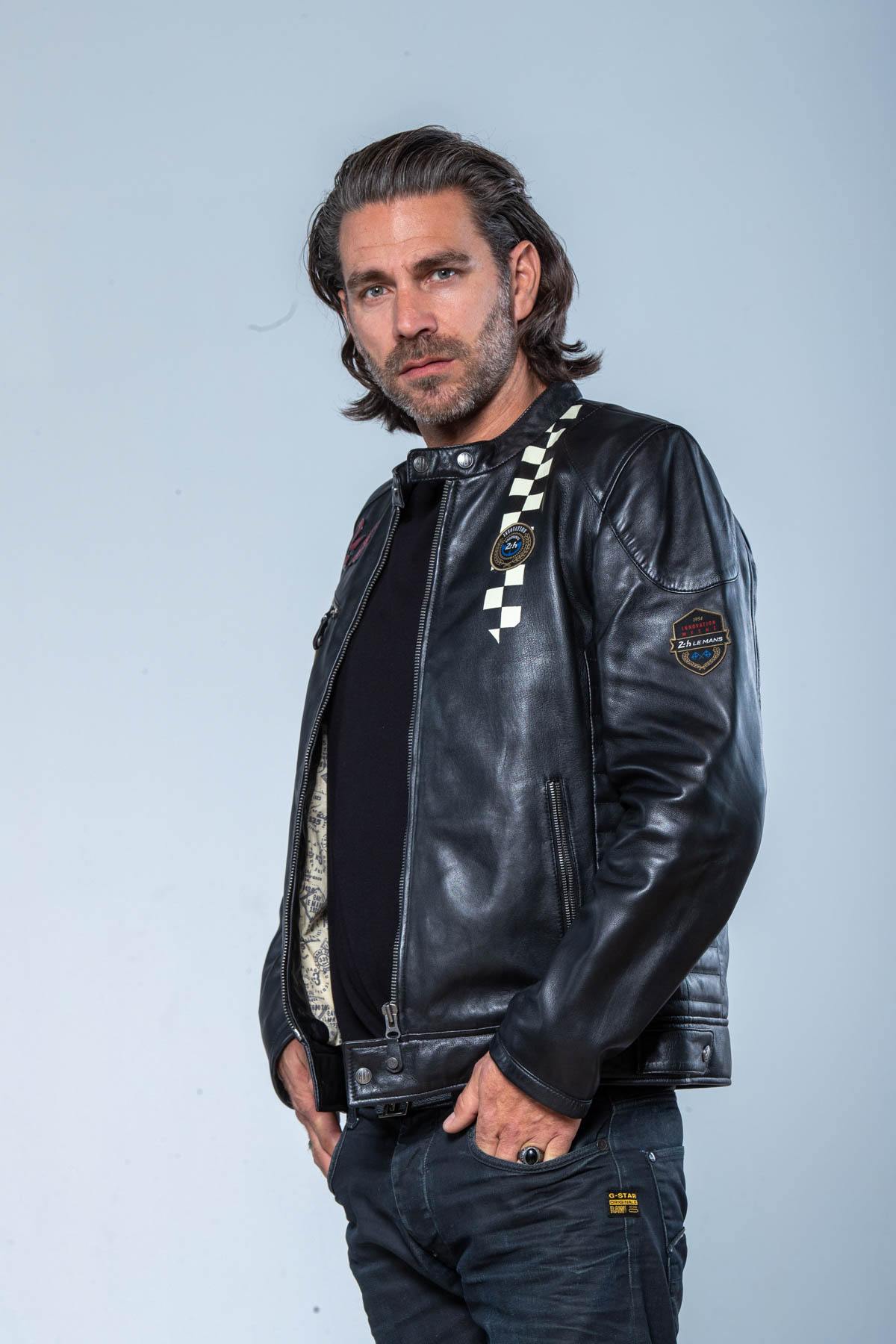 Black leather jacket with racing stripe - Image n°3