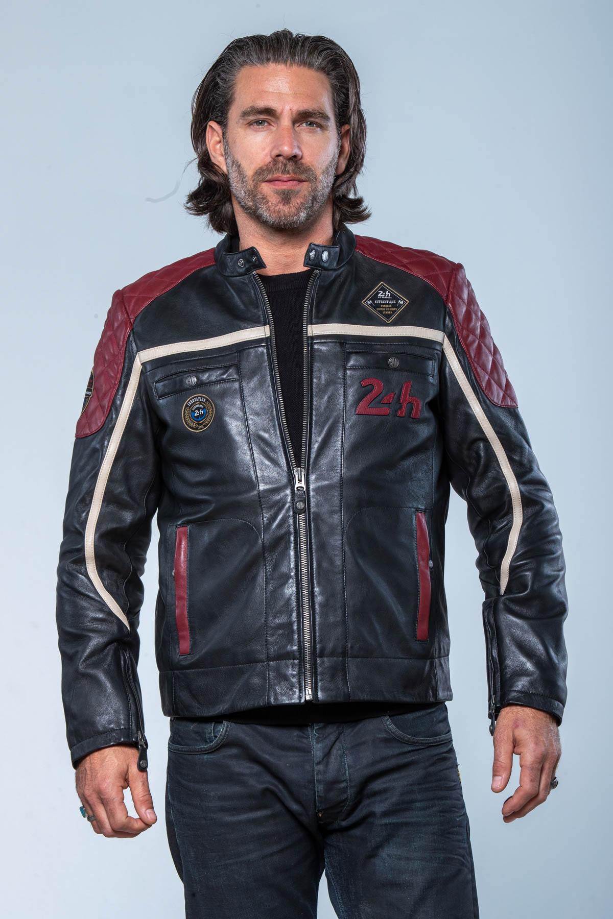 Black leather jacket with red inserts and quilted shoulders - Image n°2