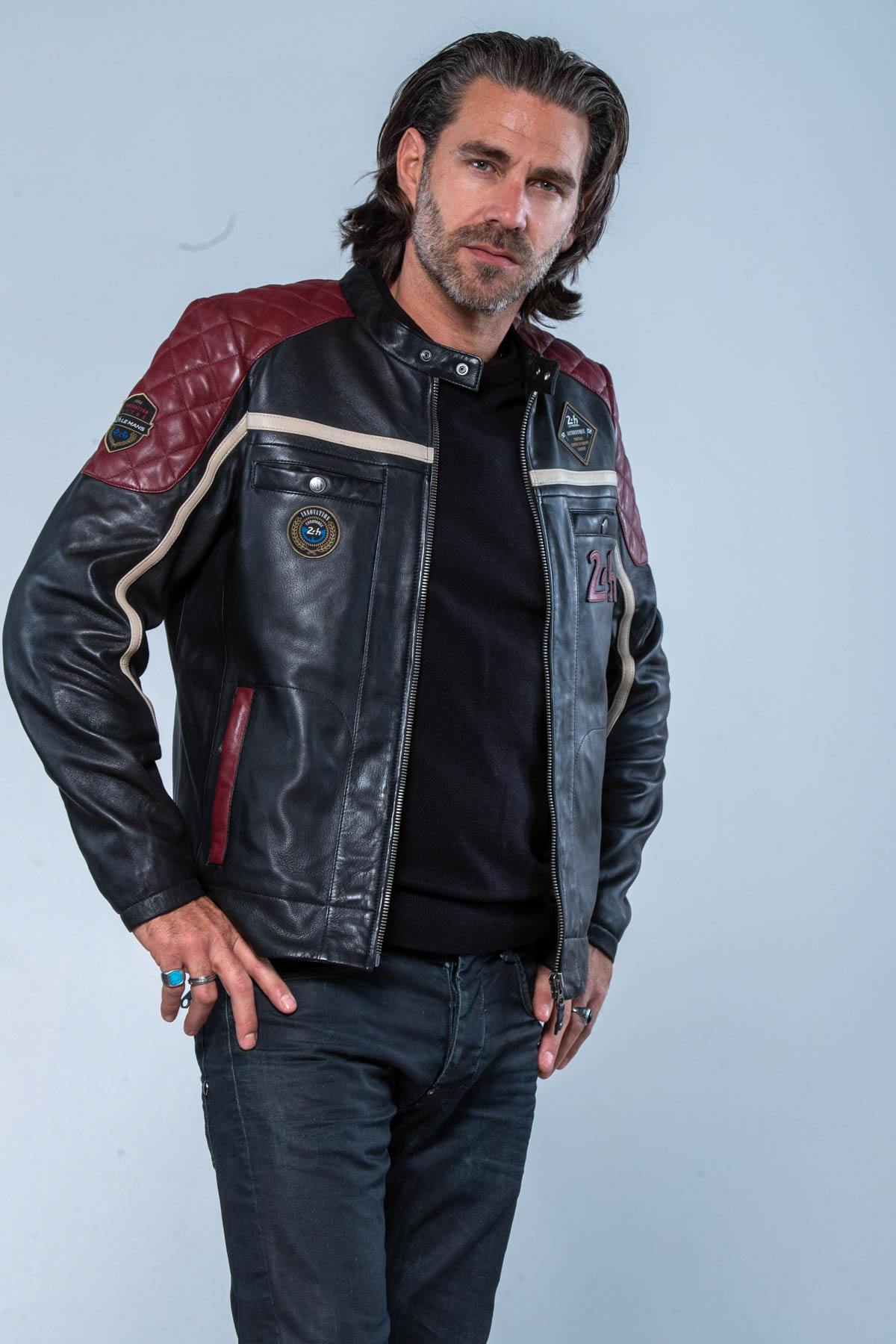 Black leather jacket with red inserts and quilted shoulders - Image n°7