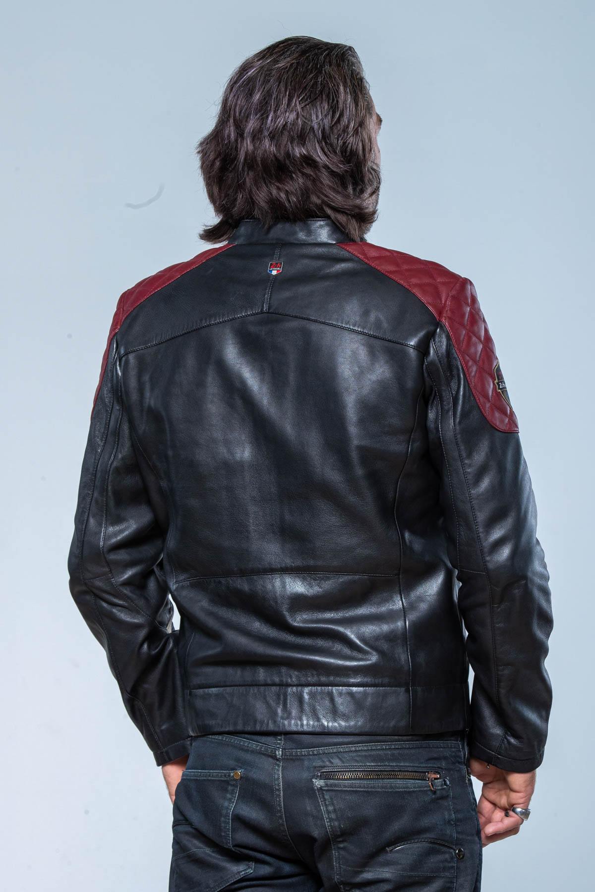 Black leather jacket with red inserts and quilted shoulders - Image n°4