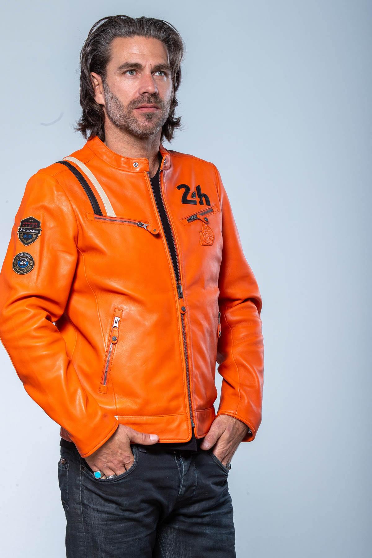 24h Le Mans orange leather racing jacket - Image n°4