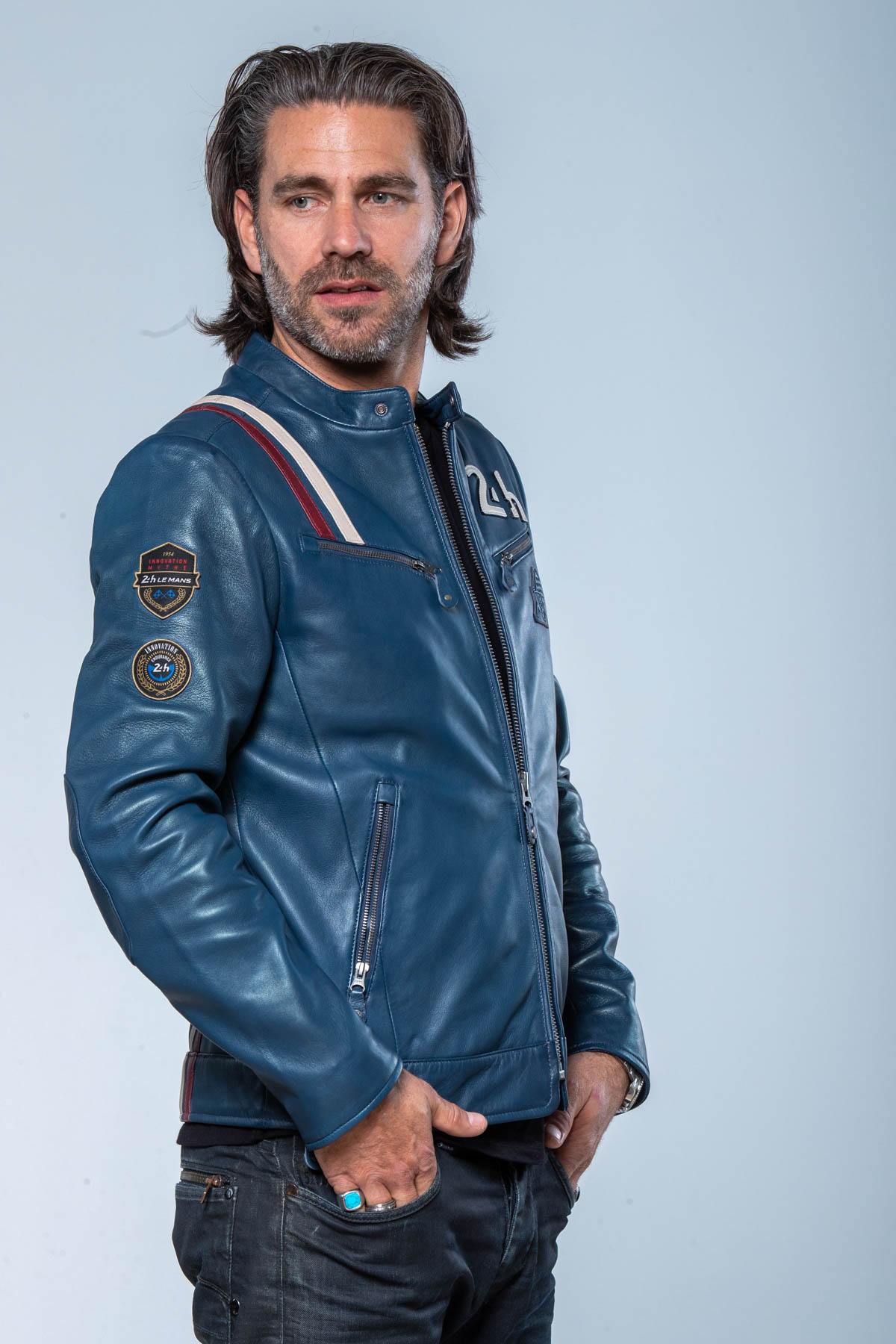 Royal blue leather racing jacket 24h Le Mans - Image n°3