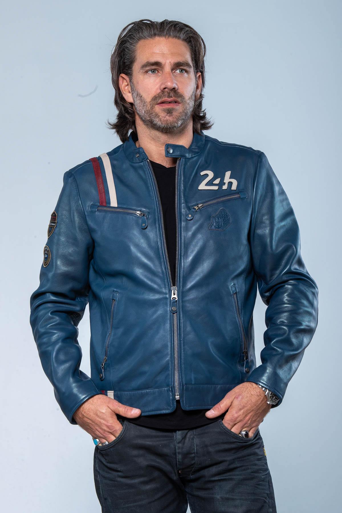 Royal blue leather racing jacket 24h Le Mans - Image n°1