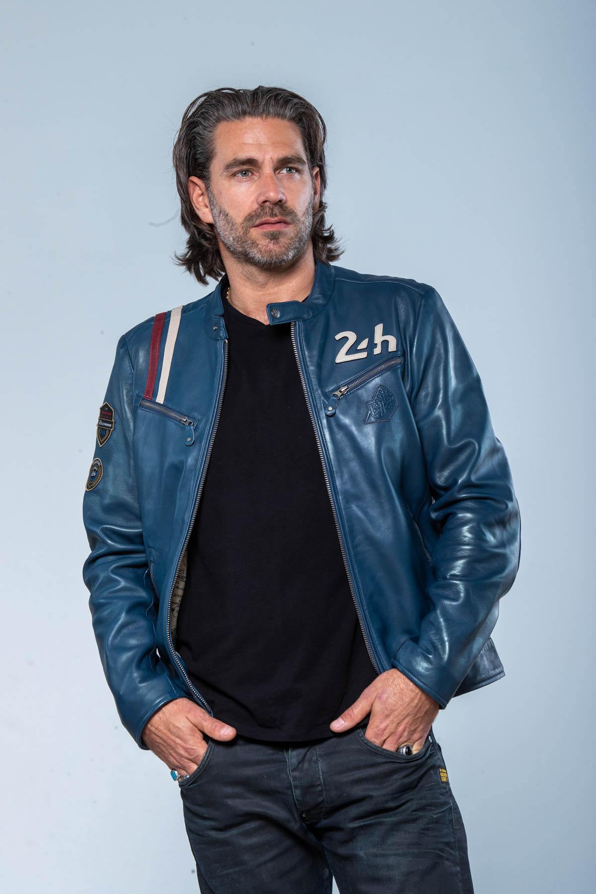 Royal blue leather racing jacket 24h Le Mans - Image n°5