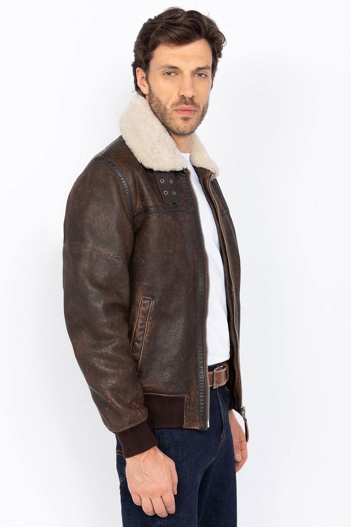 Distressed Leather Bomber Jacket - Image n°7